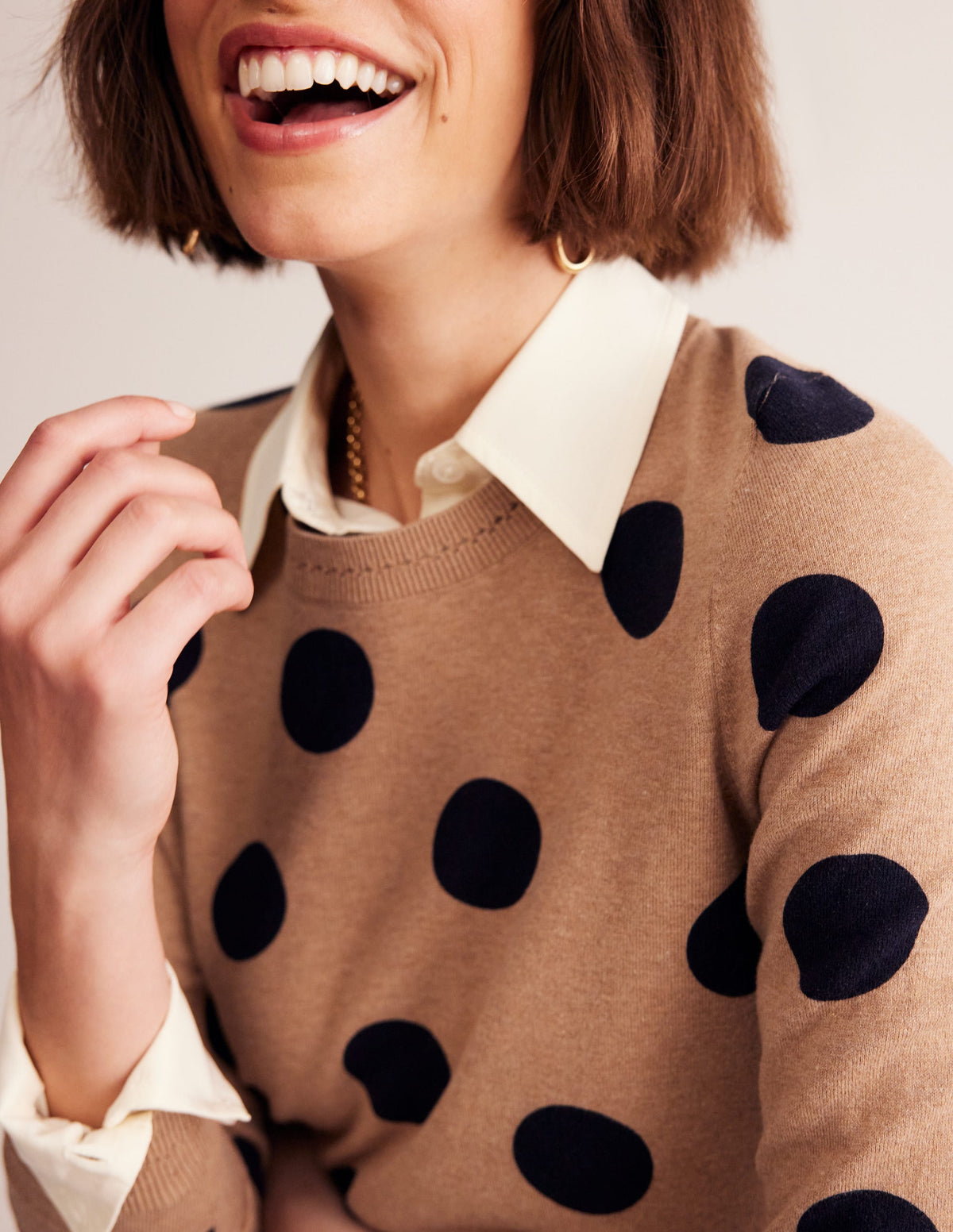 Catriona Cotton Crew Jumper-Camel Melange, Abstract Dot - Image 2
