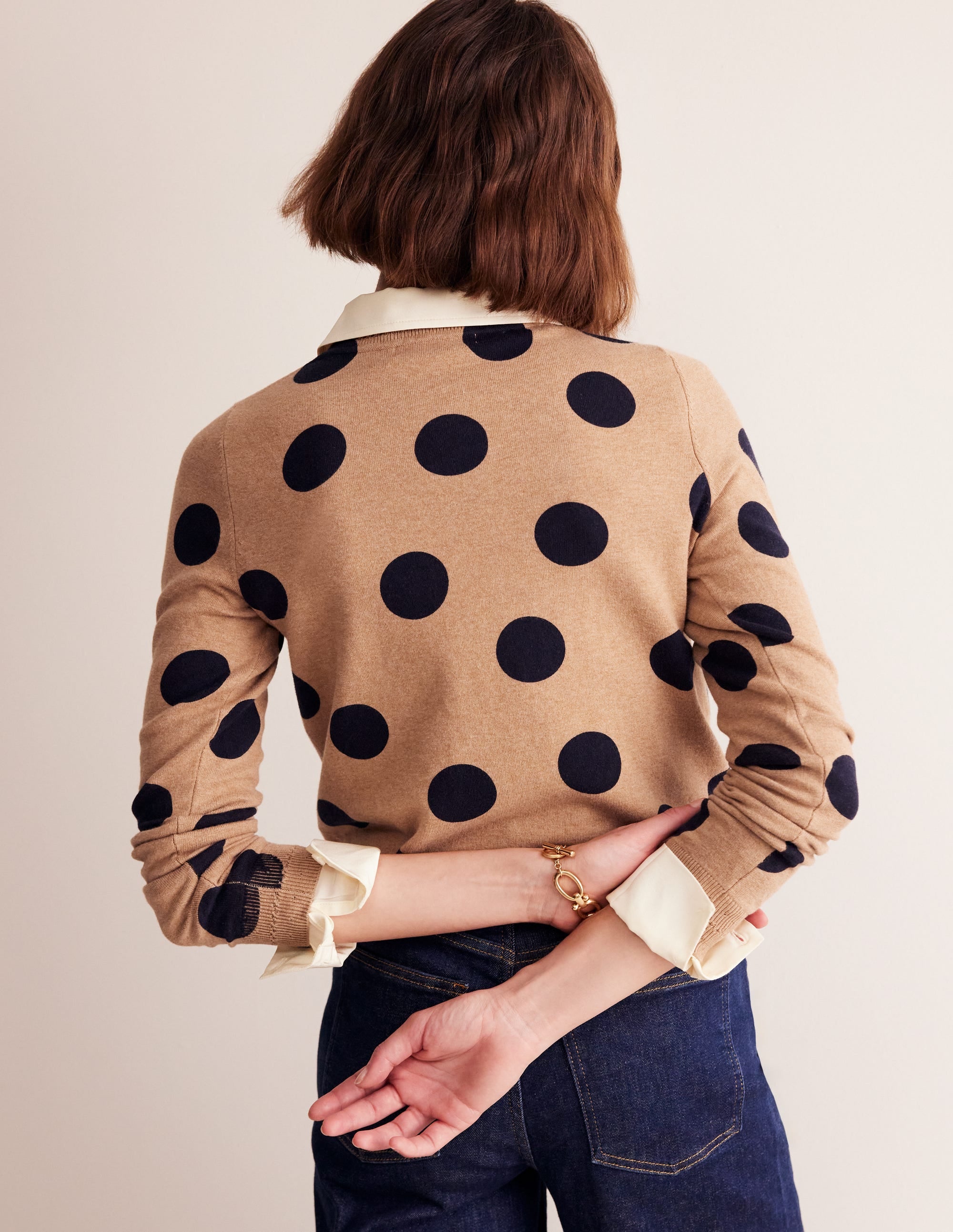 Catriona Cotton Crew Jumper-Camel Melange, Abstract Dot - Image 3
