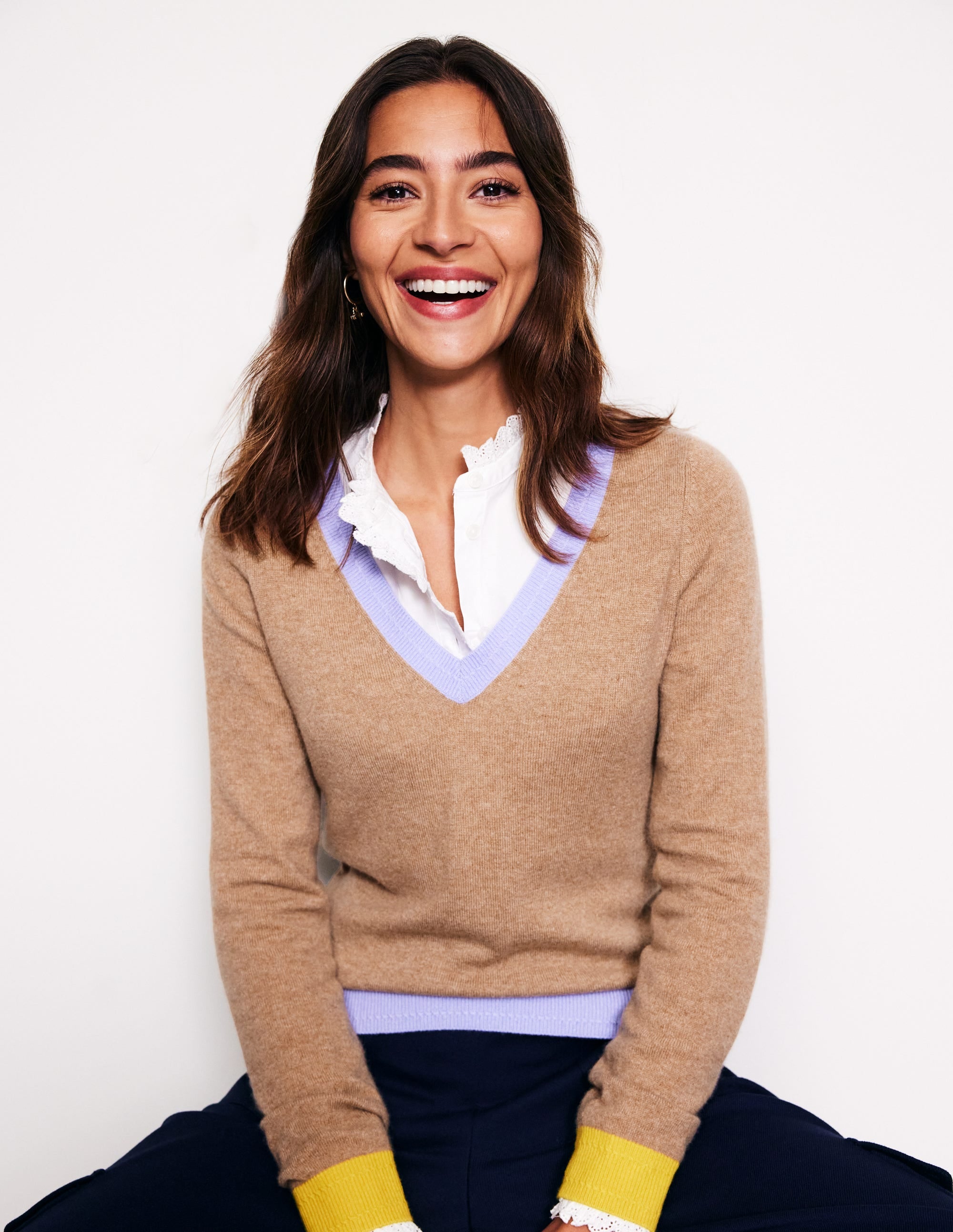 Eva Cashmere V-neck Jumper-Camel Melange Colour Block - Image 1