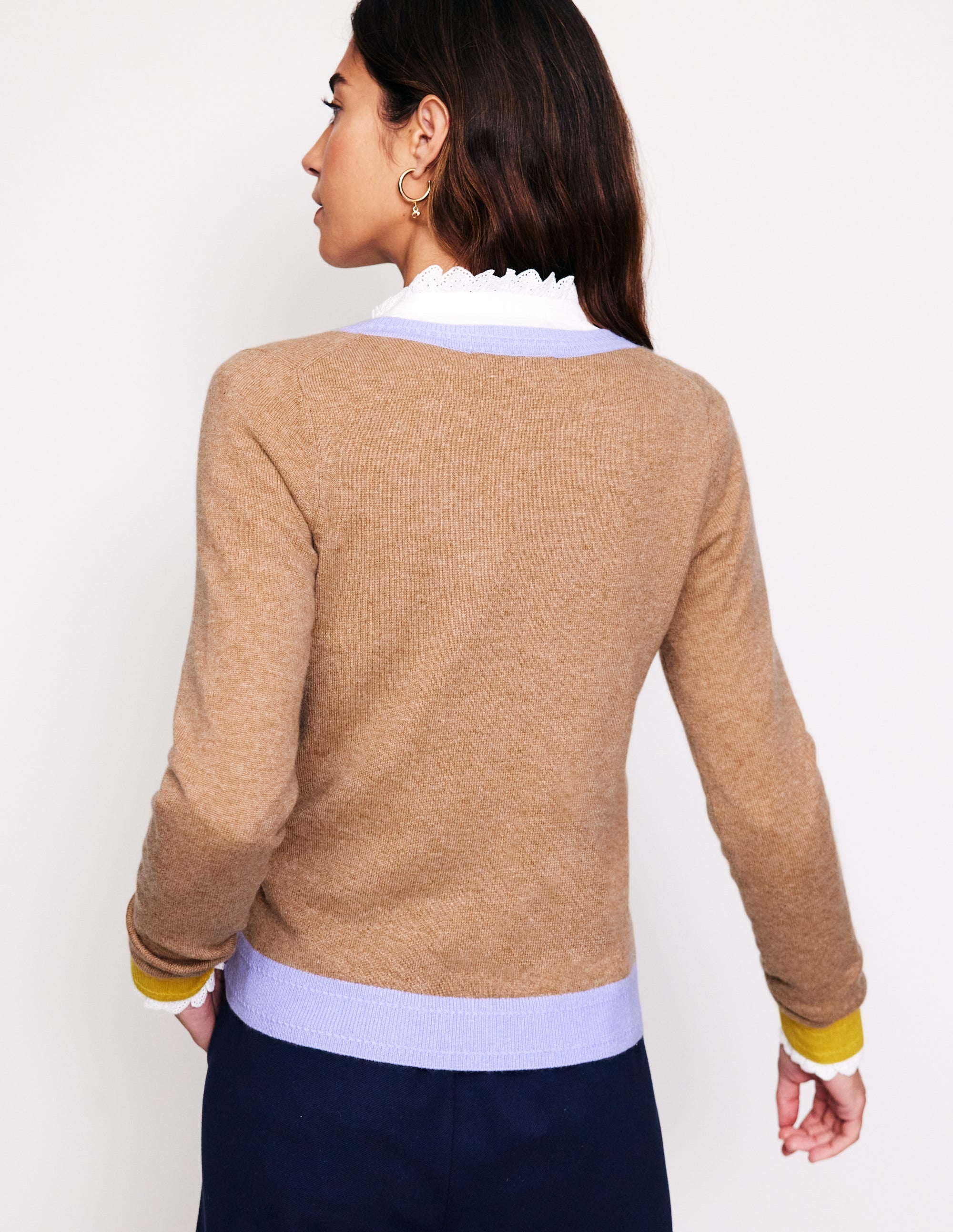 Eva Cashmere V-neck Jumper-Camel Melange Colour Block - Image 3