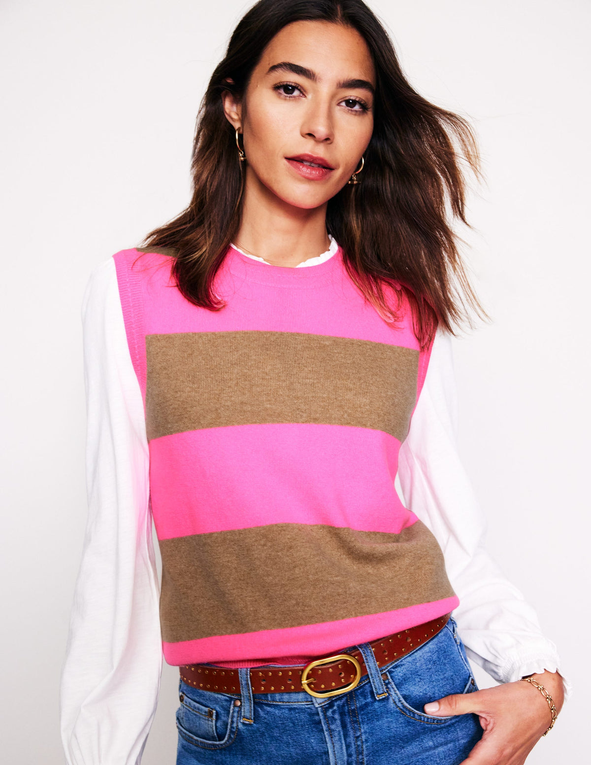 Eva Cashmere Tank-Camel Melange/ Fluro Pink - Image 1