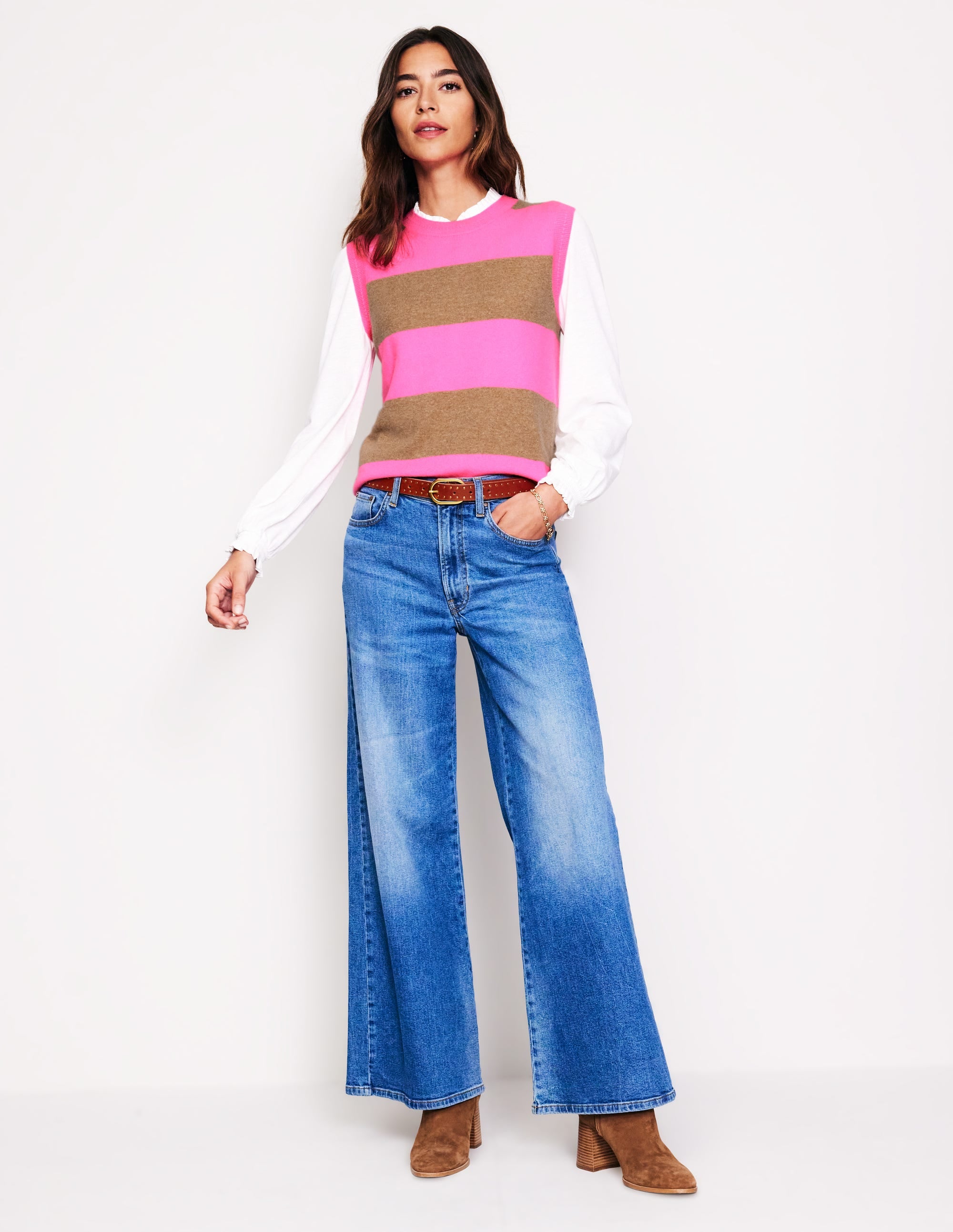 Eva Cashmere Tank-Camel Melange/ Fluro Pink - Image 4
