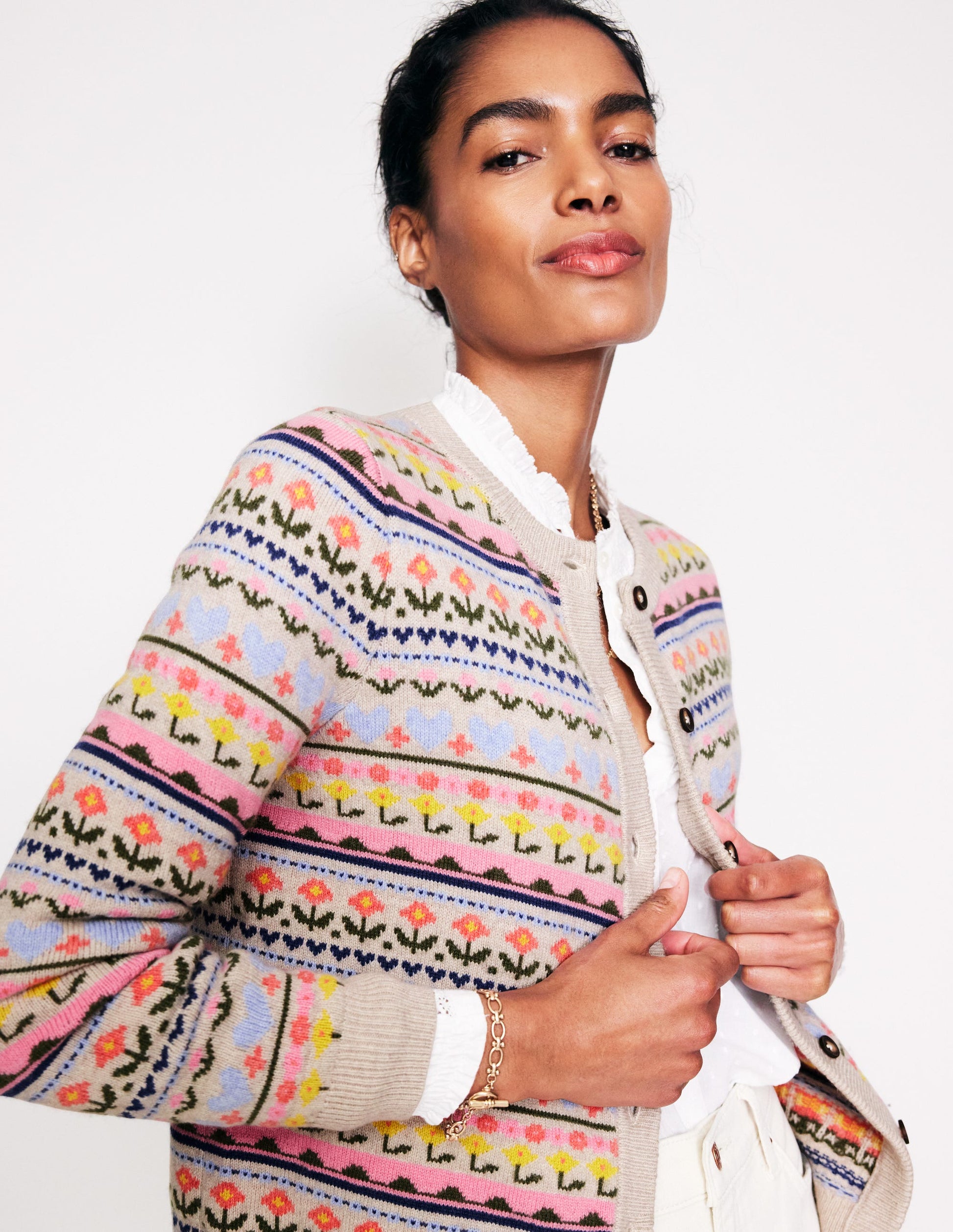Edie Fair Isle Cardigan-Oatmeal Melange, Heart Flower-2