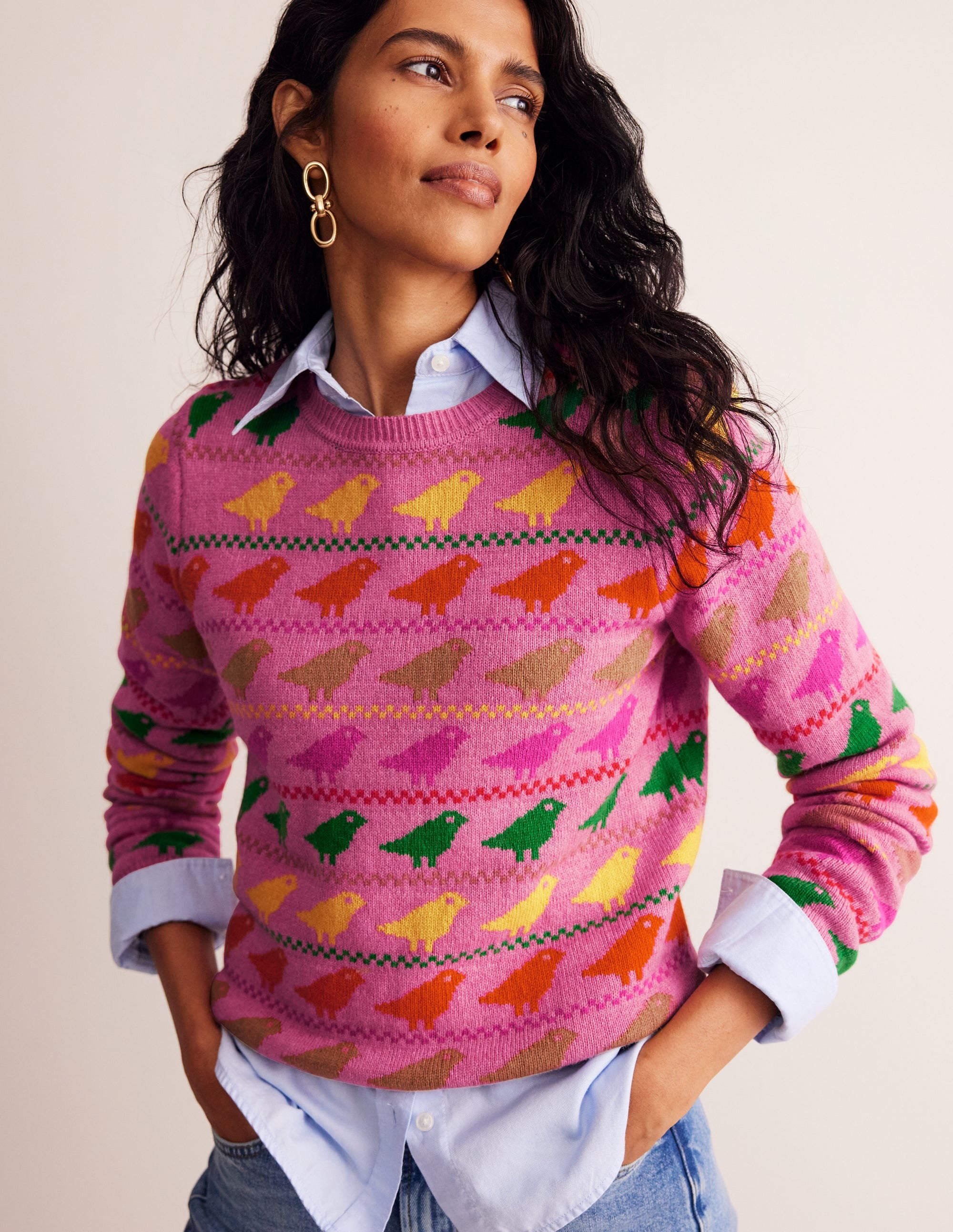 Edie Fair Isle Jumper-Pink Birds - Image 1