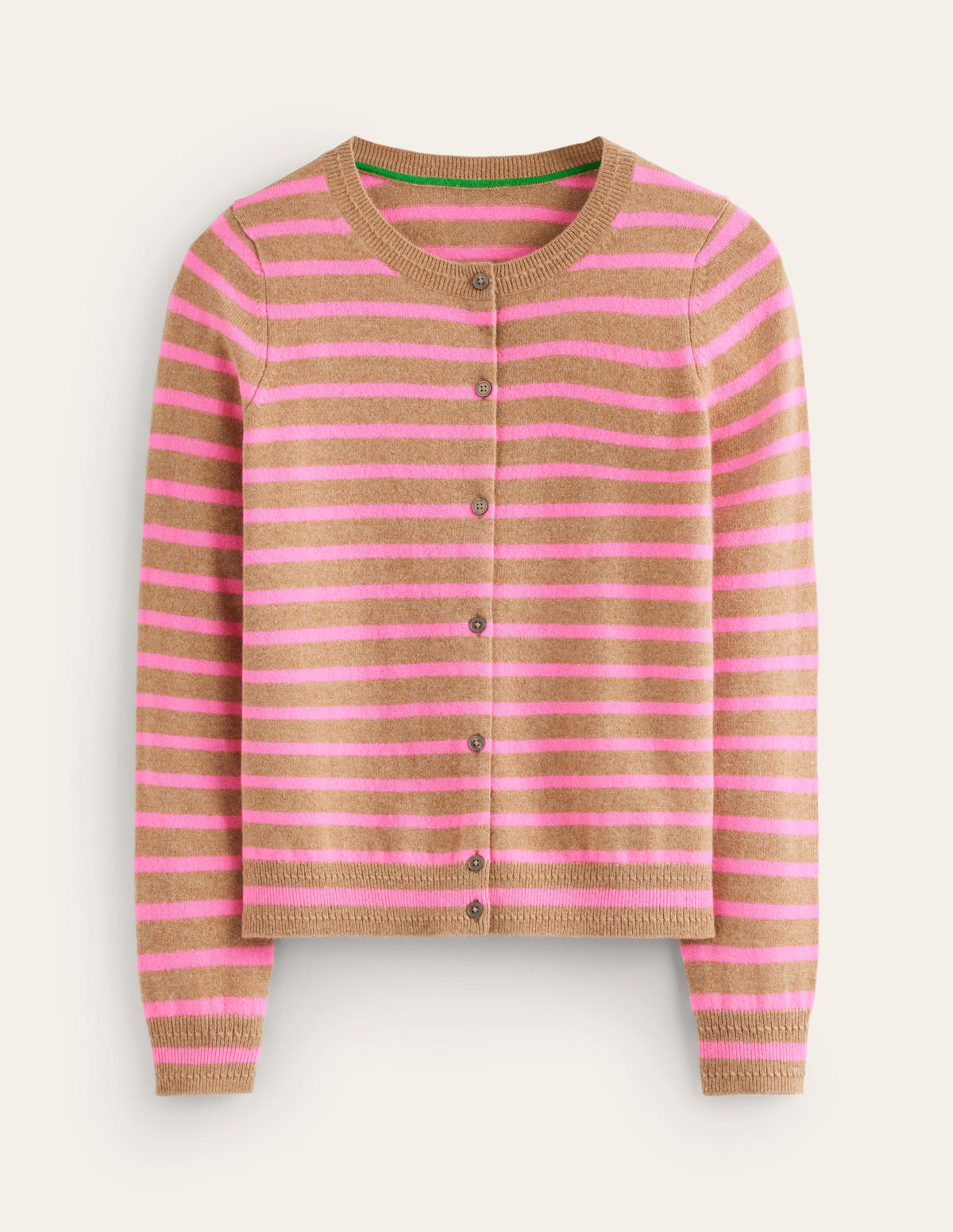 Eva Cashmere Crew Cardigan-Camel Melange/ Fluro Pink - Image 5