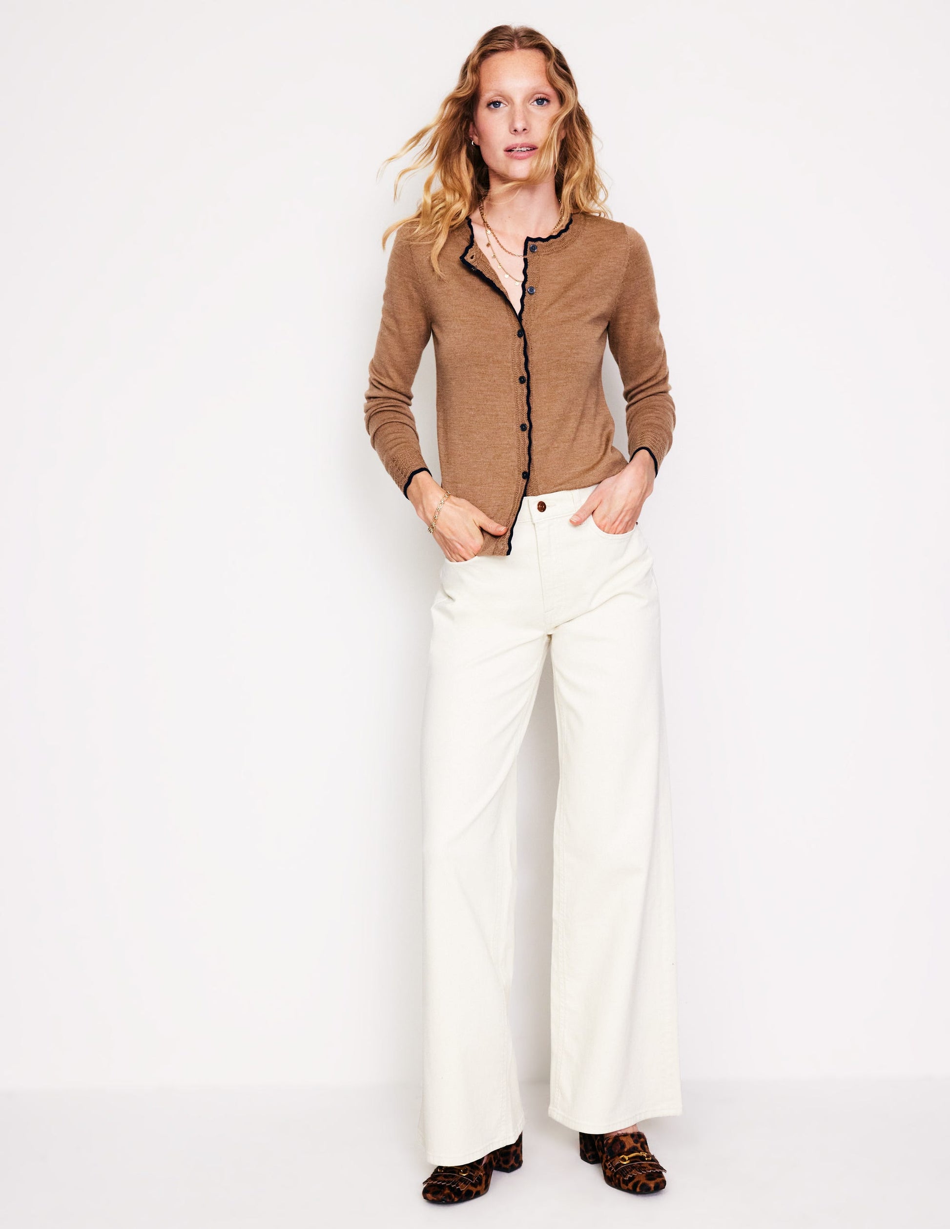 Merino Scallop Cardigan-Camel Melange-4