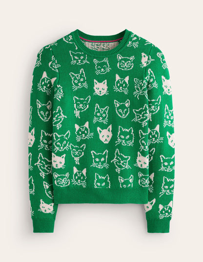 Heather Jacquard Jumper-Rich Emerald Green, Cats-5