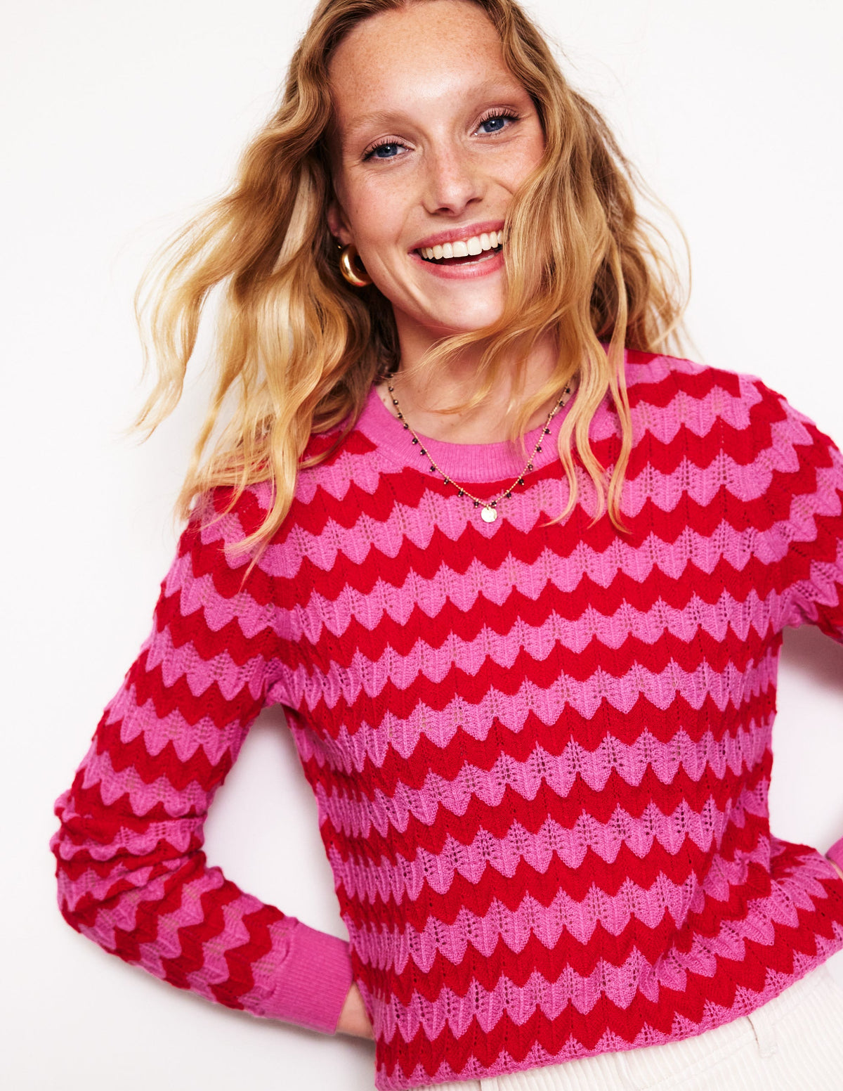 Fluffy Textured Stitch Jumper-Pink/ Red - Image 4