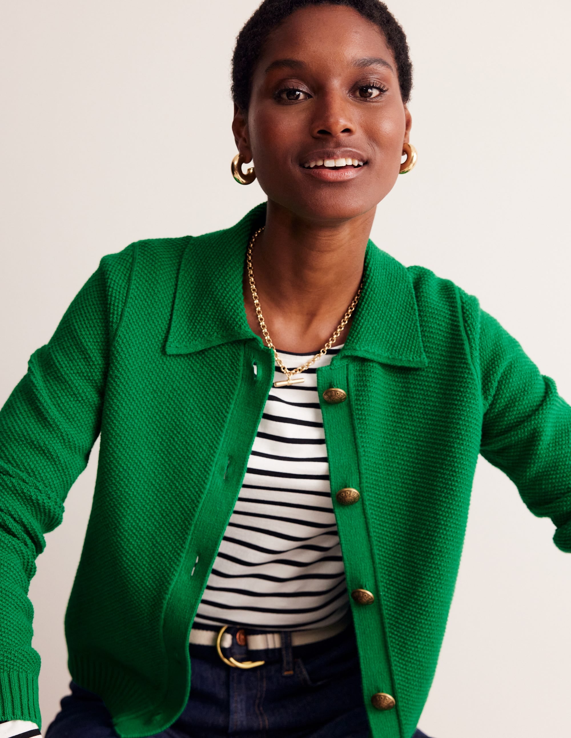 Collared Knitted Cardigan-Rich Emerald Green - Image 1