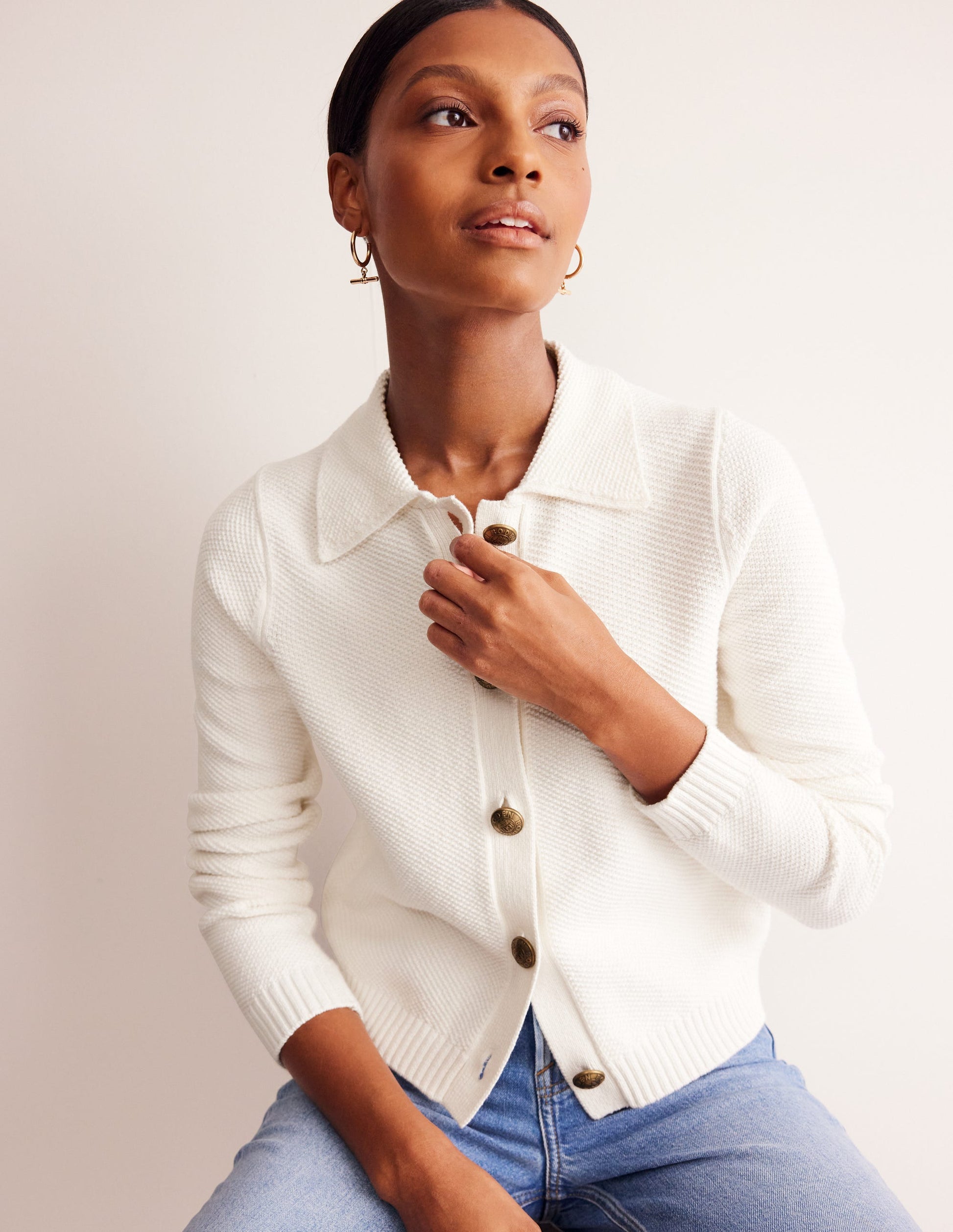 Collared Knitted Cardigan-Warm Ivory-1