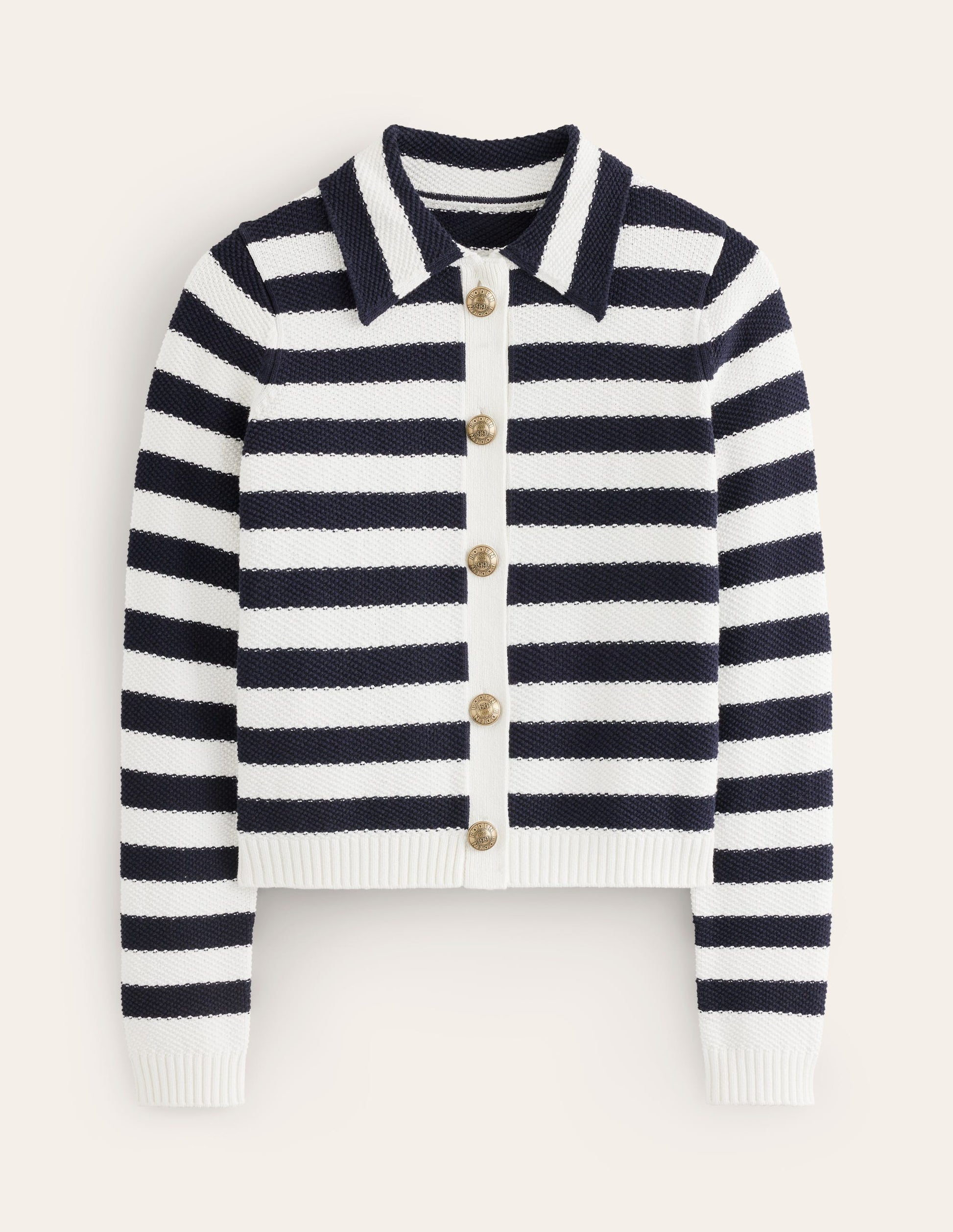 Collared Knitted Cardigan-Navy/ Ivory-5