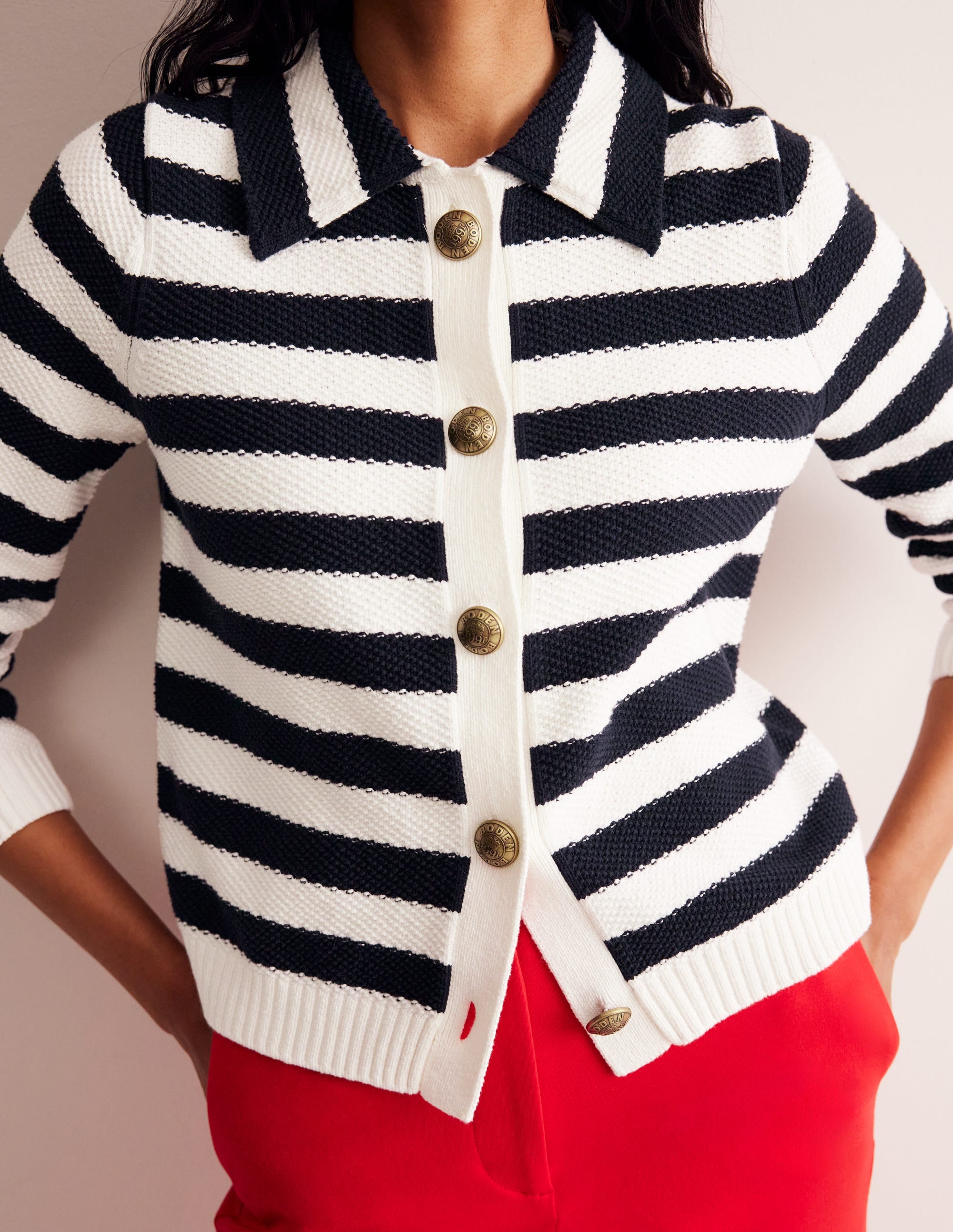 Collared Knitted Cardigan-Navy/ Ivory - Image 2