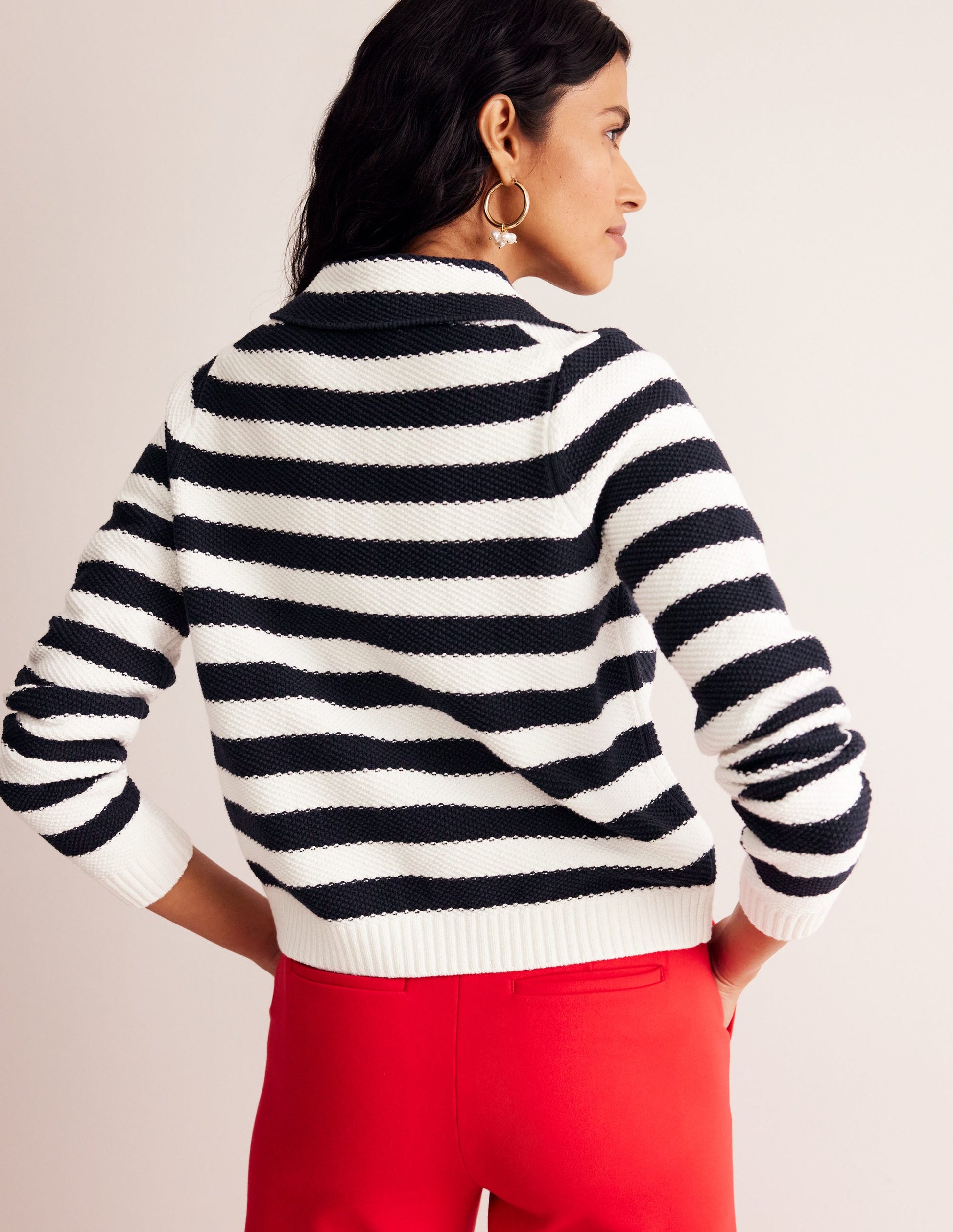 Collared Knitted Cardigan-Navy/ Ivory-3