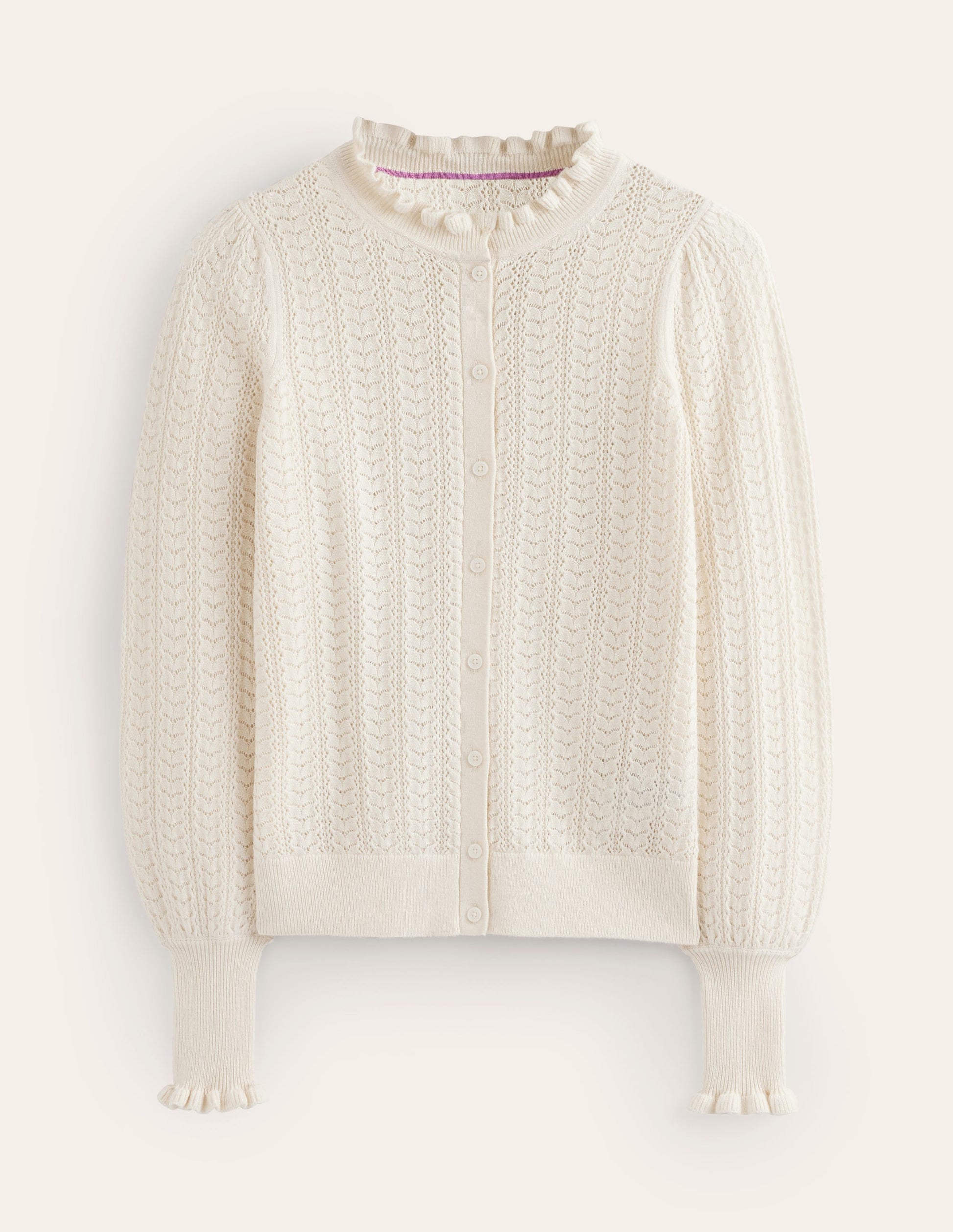 Tia Pointelle Frilled Cardigan-Warm Ivory-5
