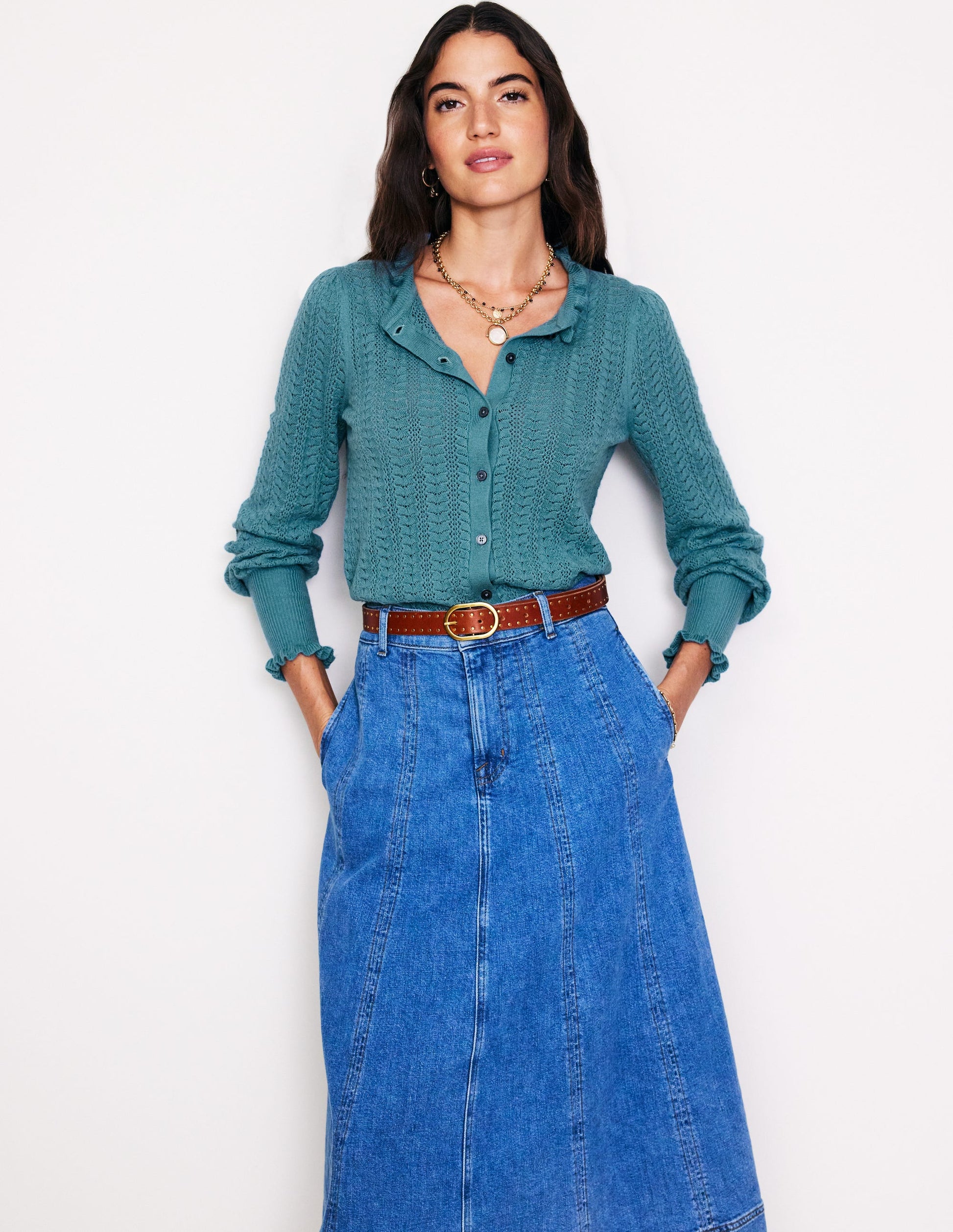 Tia Pointelle Frilled Cardigan-Blue Grass-1