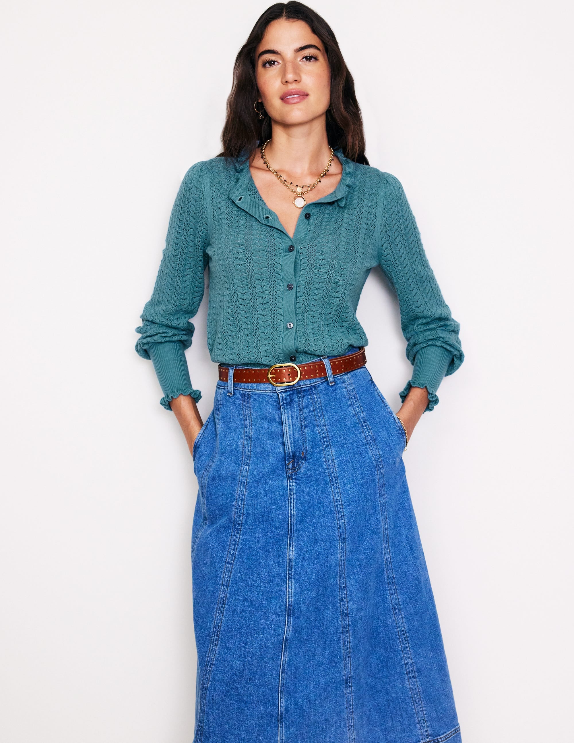 Tia Pointelle Frilled Cardigan-Blue Grass - Image 1