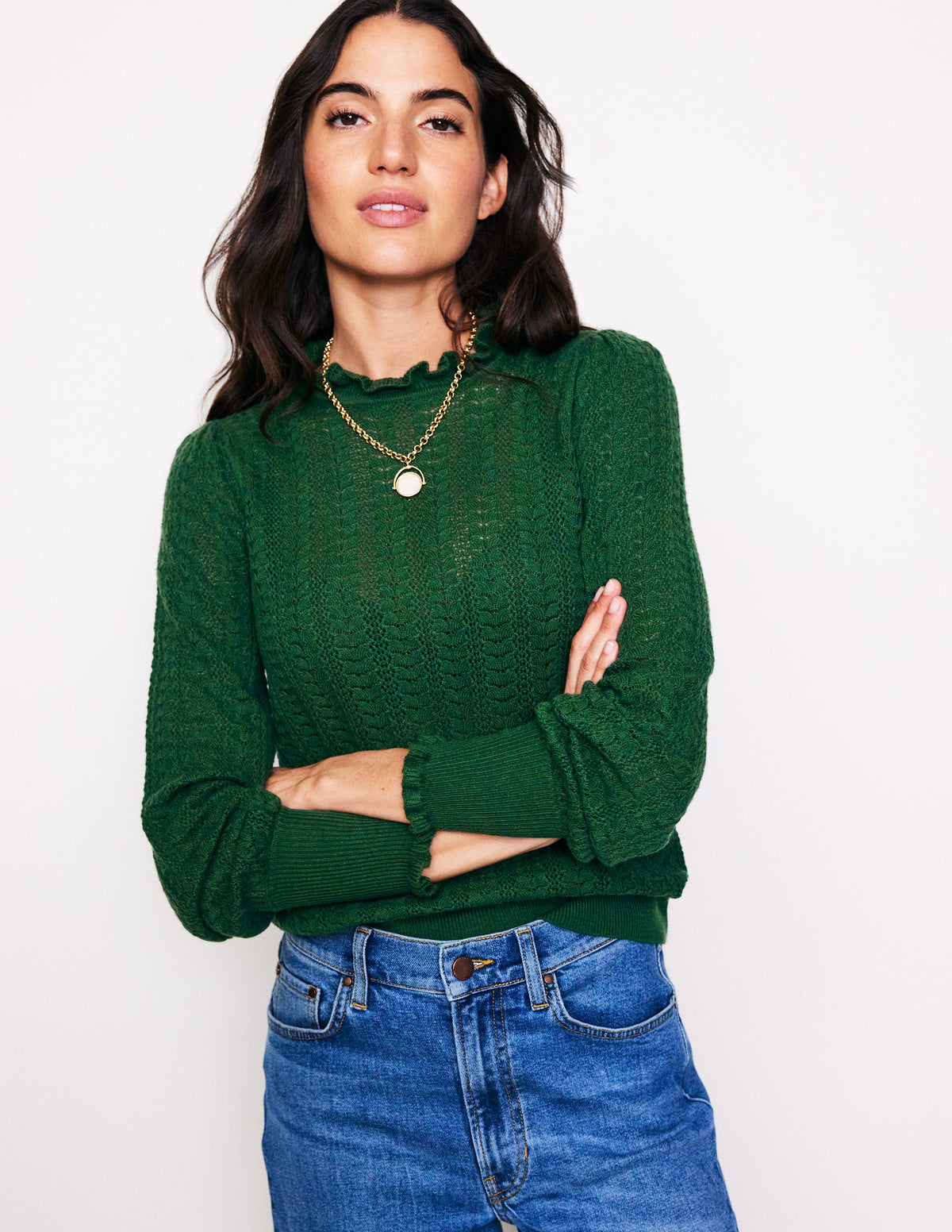 Tia Pointelle Frilled Jumper-Pine Green-2