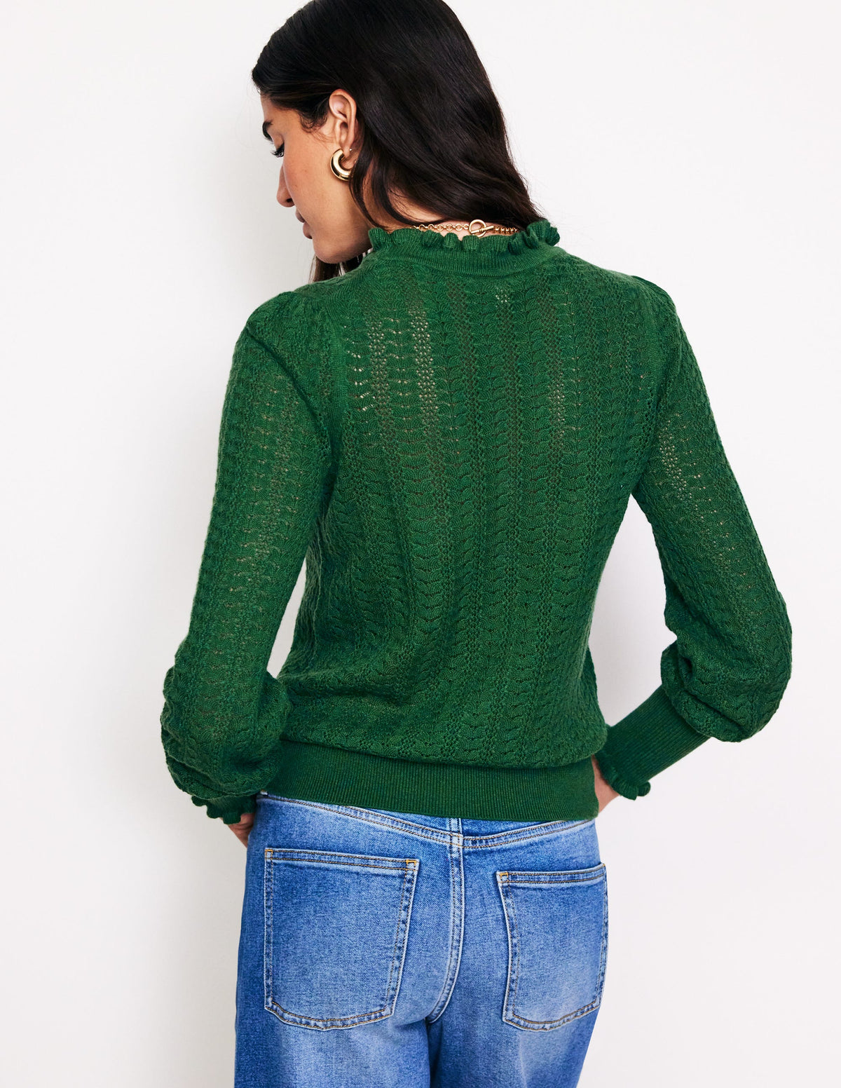 Tia Pointelle Frilled Jumper-Pine Green - Image 3