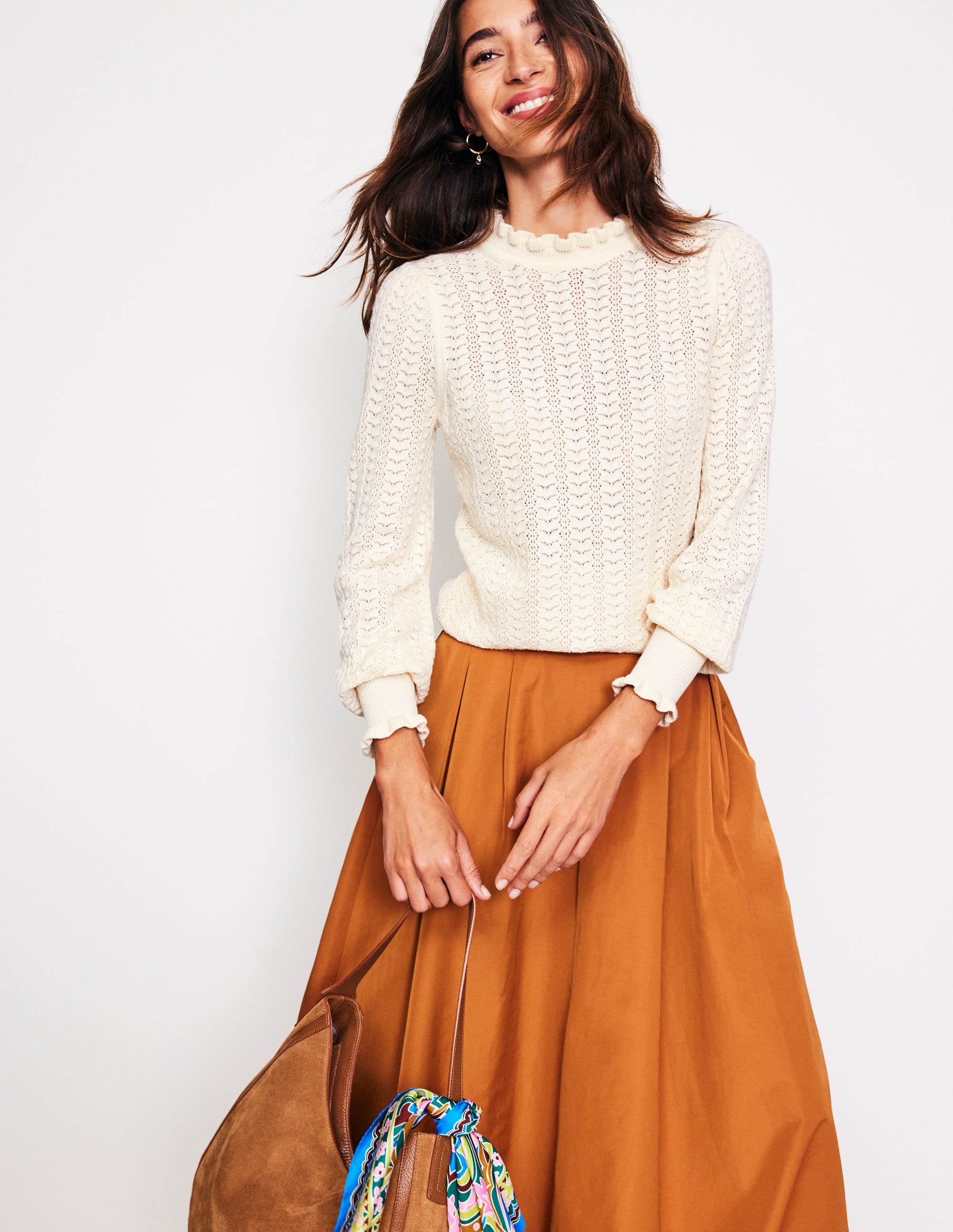 Tia Pointelle Frilled Jumper-Warm Ivory - Image 1