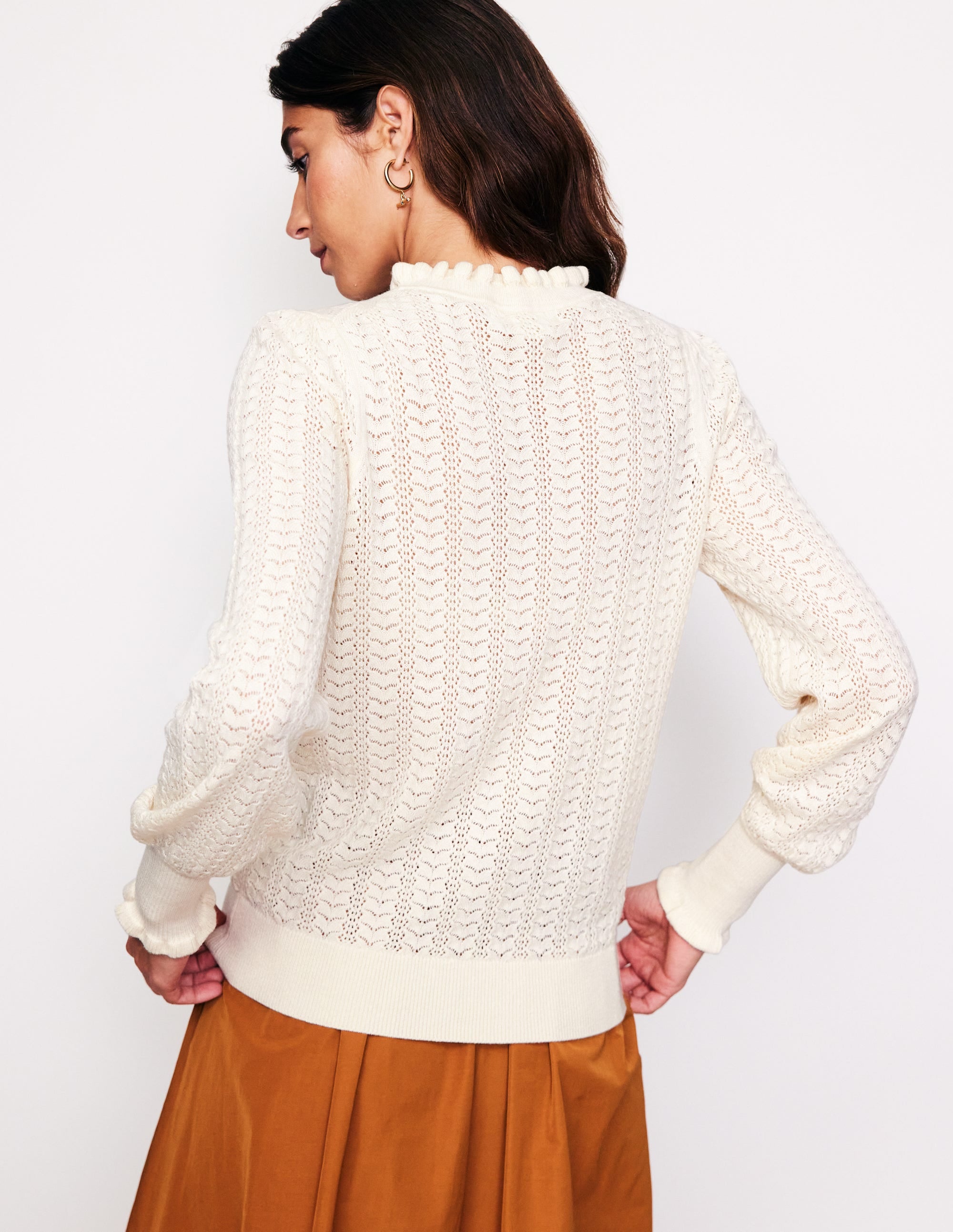 Tia Pointelle Frilled Jumper-Warm Ivory - Image 3