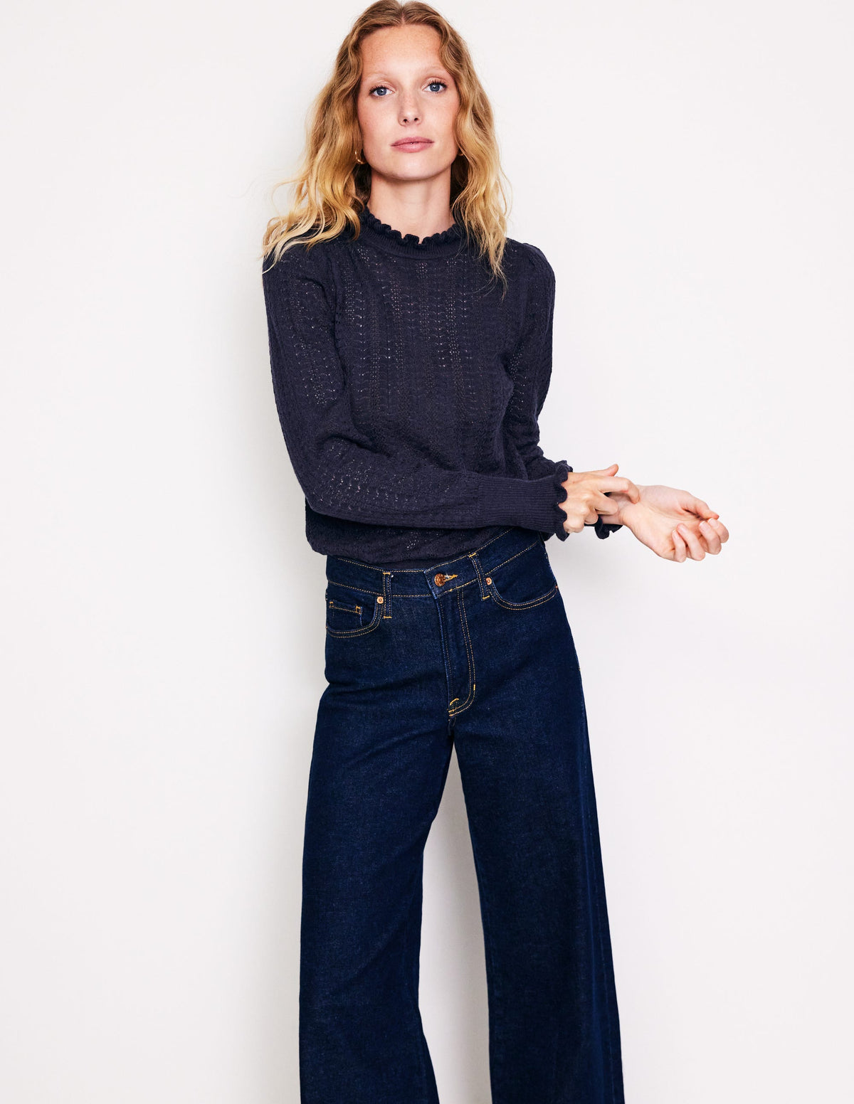 Tia Pointelle Frilled Jumper-Navy-1