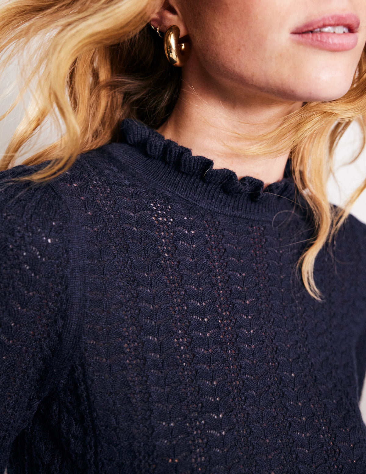 Tia Pointelle Frilled Jumper-Navy - Image 2