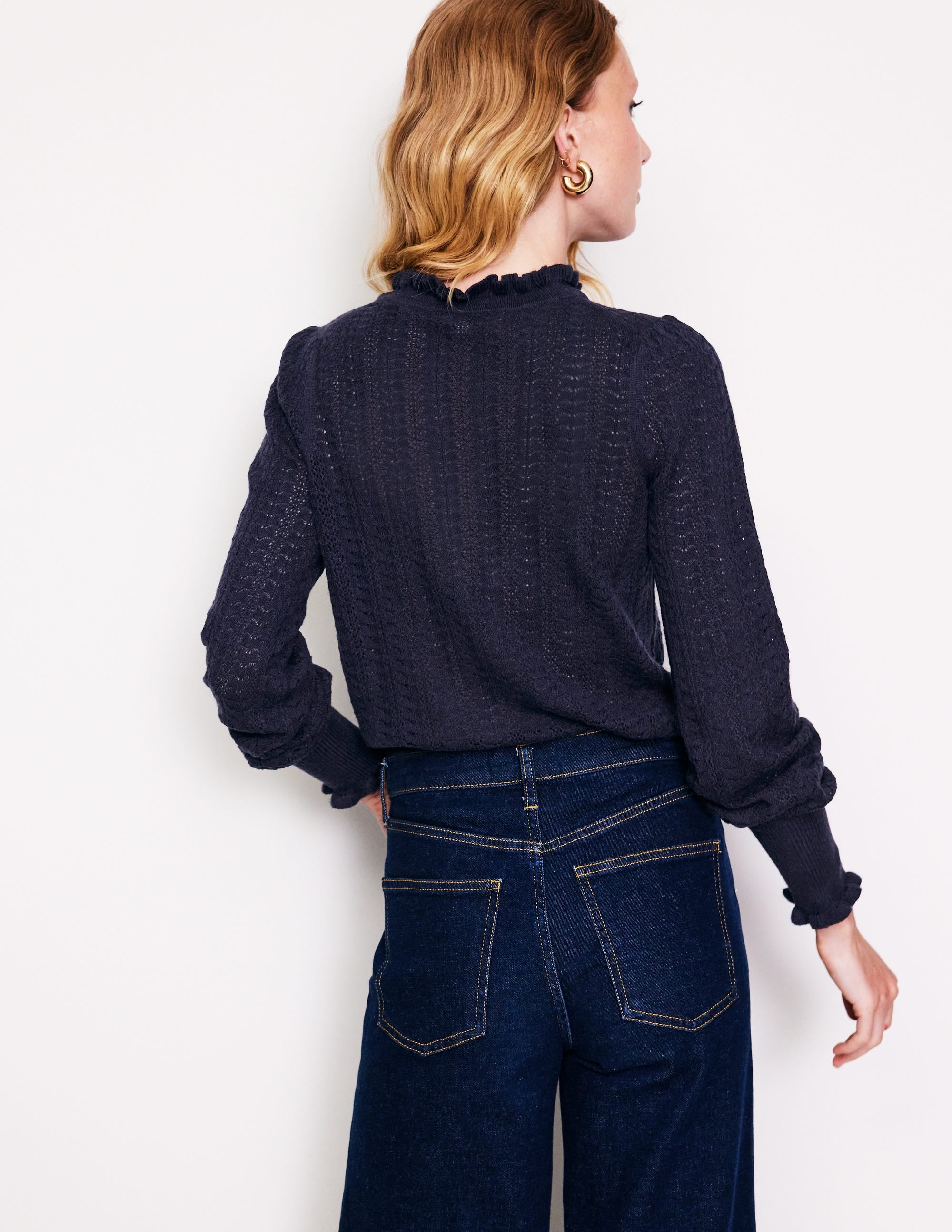 Tia Pointelle Frilled Jumper-Navy - Image 3
