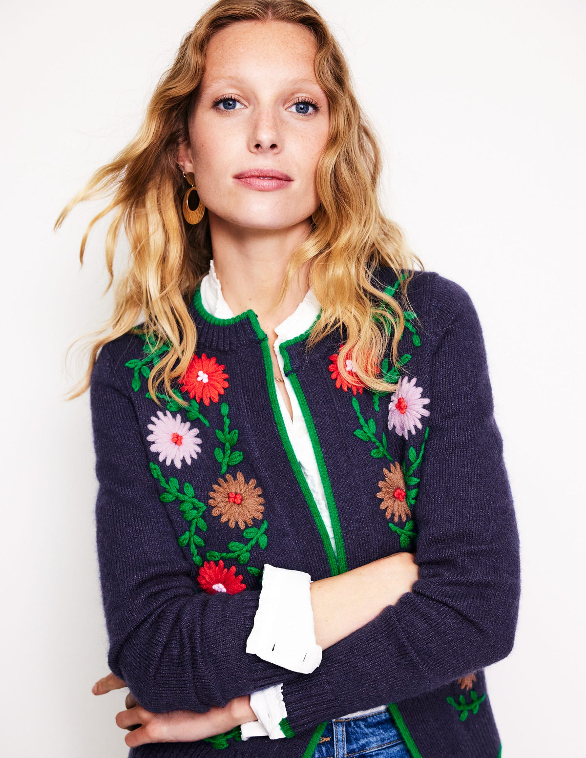Flower Embroidered Cardigan-Navy - Image 1