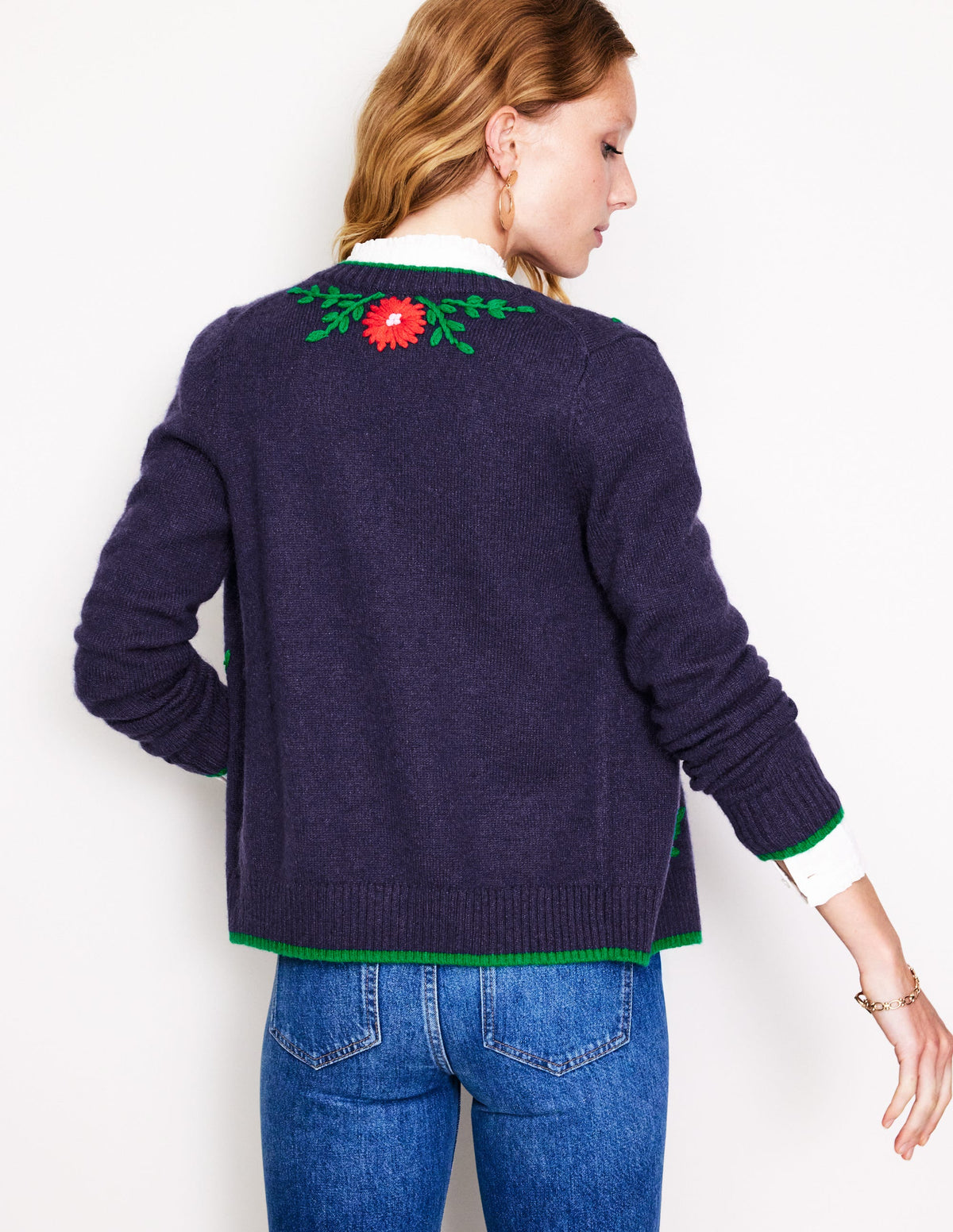 Flower Embroidered Cardigan-Navy-3