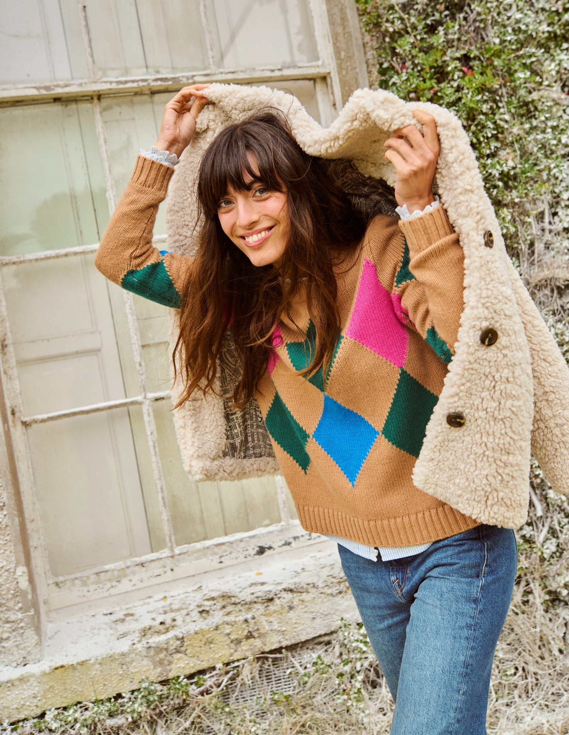 Argyle Crew Neck Jumper-Camel Melange, Multi-5