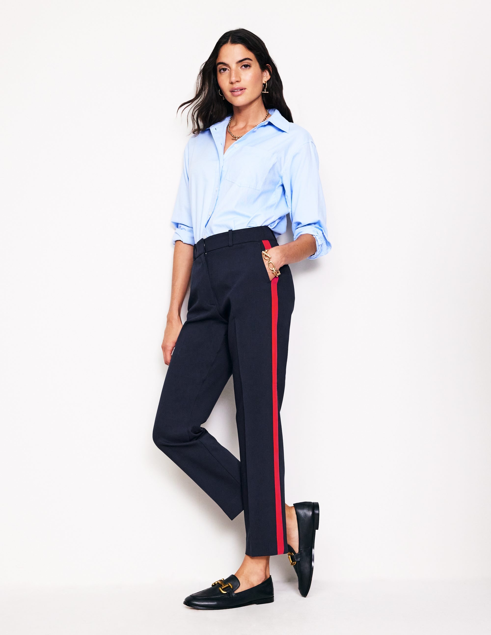 Kew Side Stripe Trousers-Navy, Red Stripe - Image 1