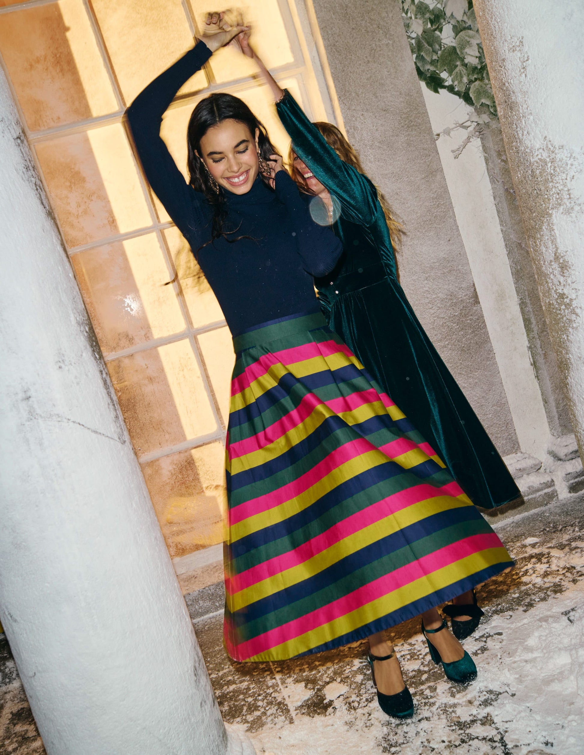 Isabella Cotton Sateen Skirt-Pine, Multi Stripe-5