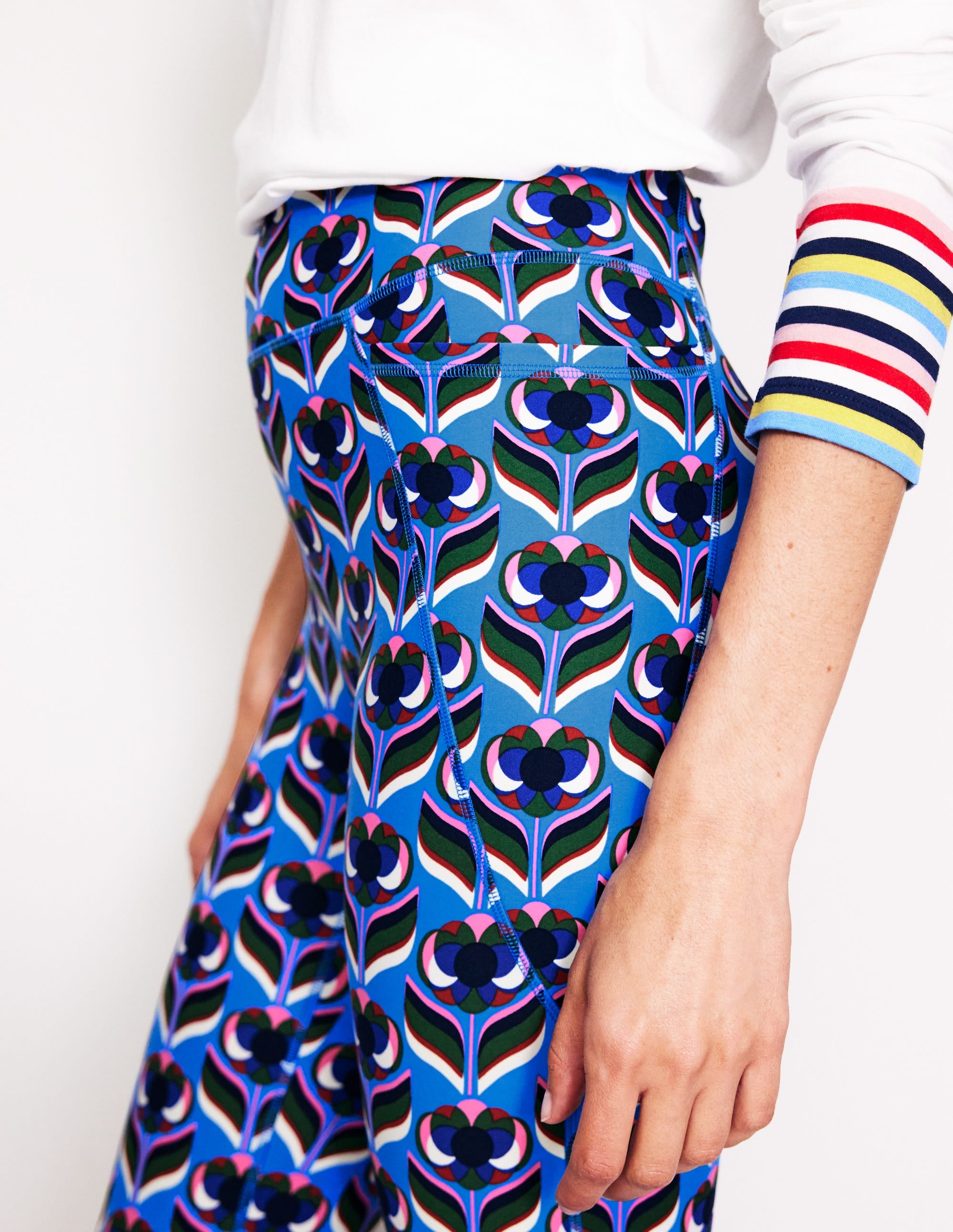 High Waist Pocket Leggings-Directoire Blue, Blossom Stamp - Image 2