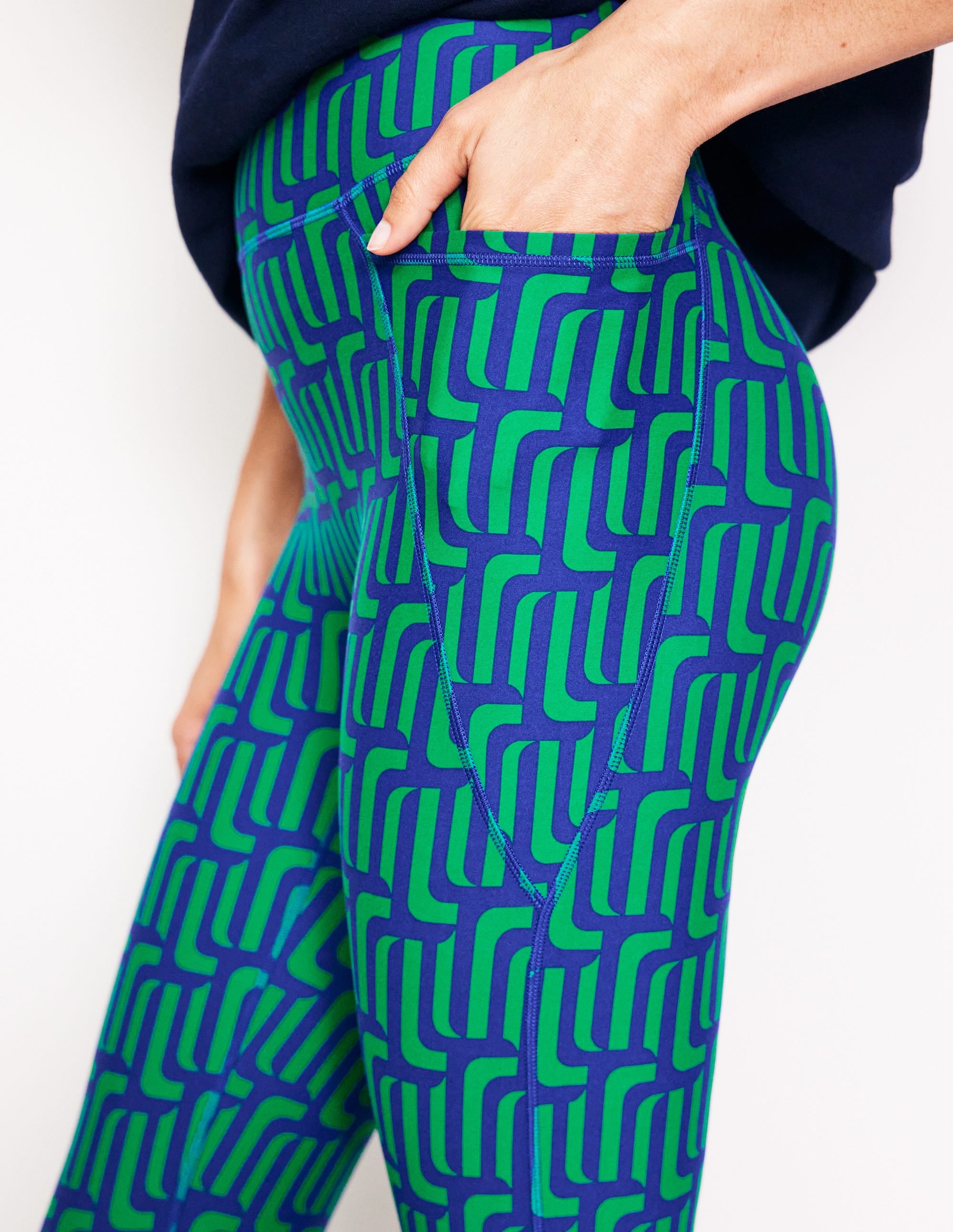 High Waist Pocket Leggings-Green Tambourine, Falling Geo - Image 2