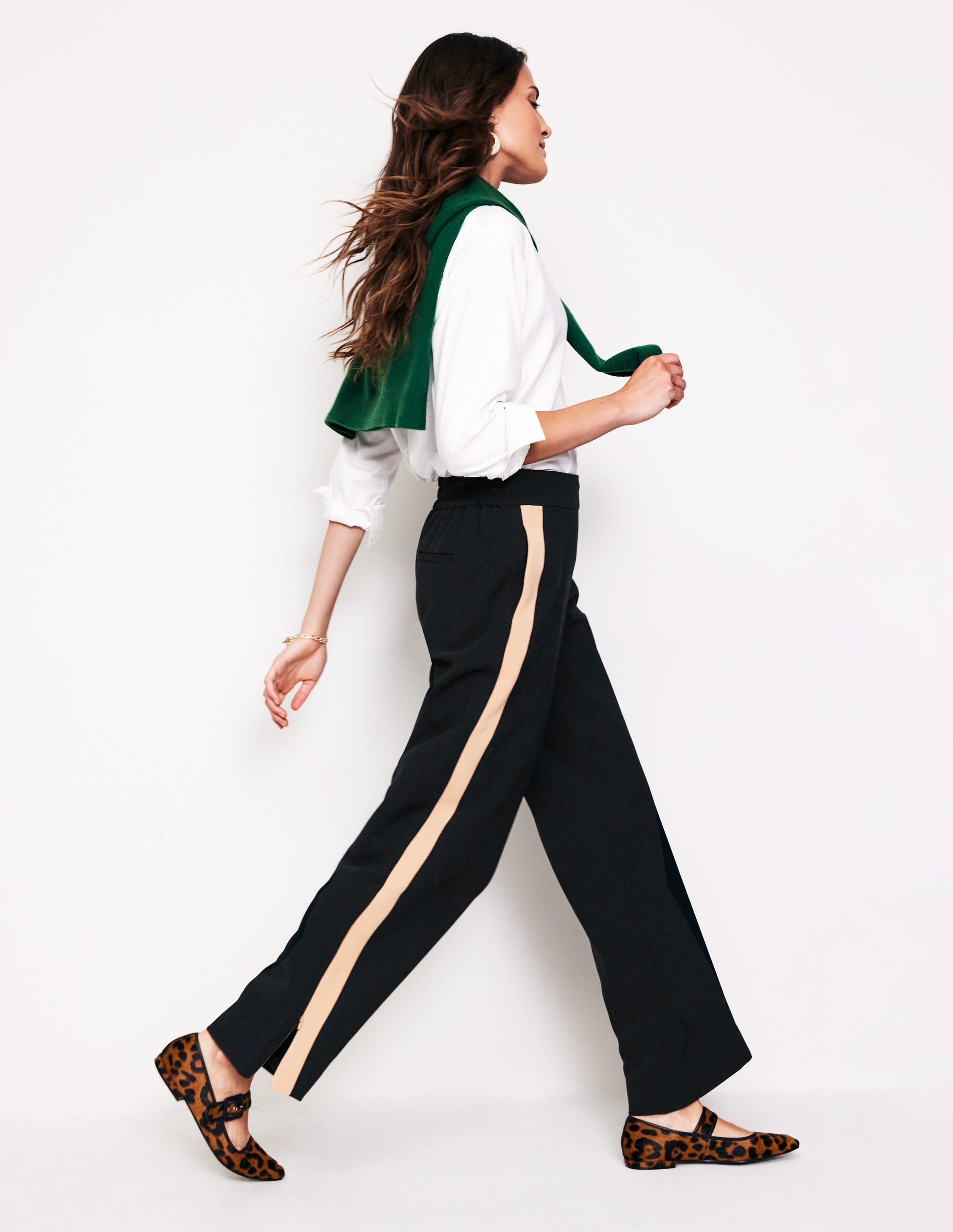 Pull On Side Stripe Trousers-Black with Camel Stripe - Image 1