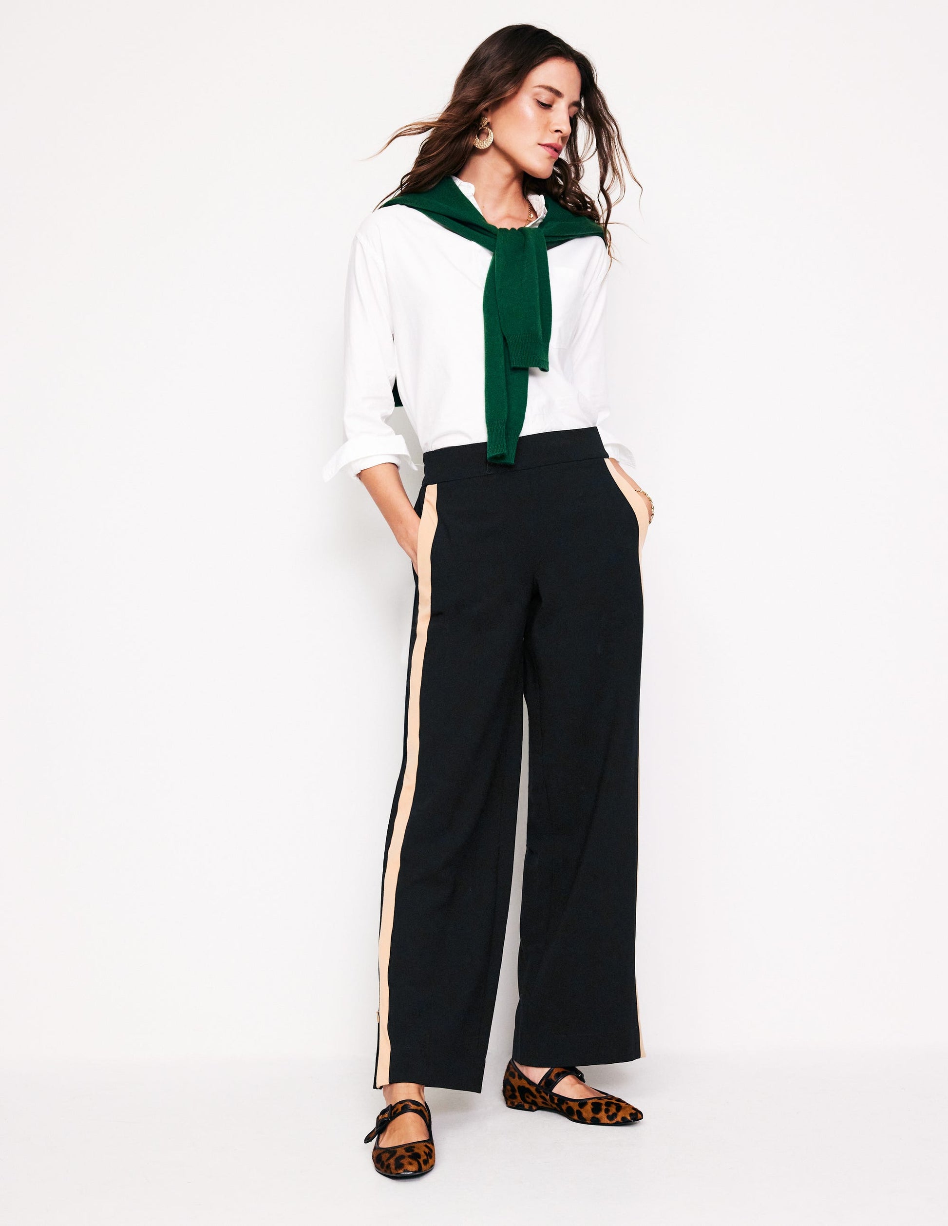 Pull On Side Stripe Trousers-Black with Camel Stripe-4
