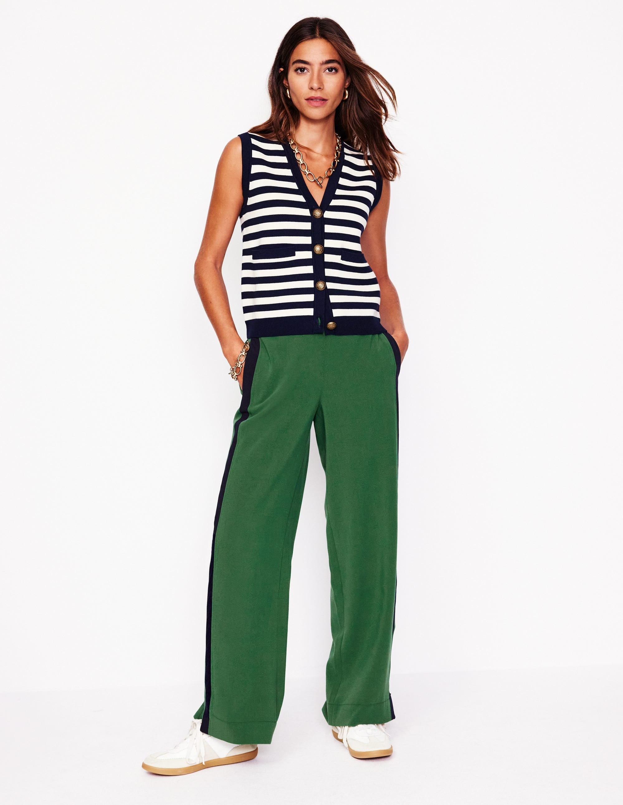 Pull On Side Stripe Trousers-Pine with Navy Stripe - Image 1