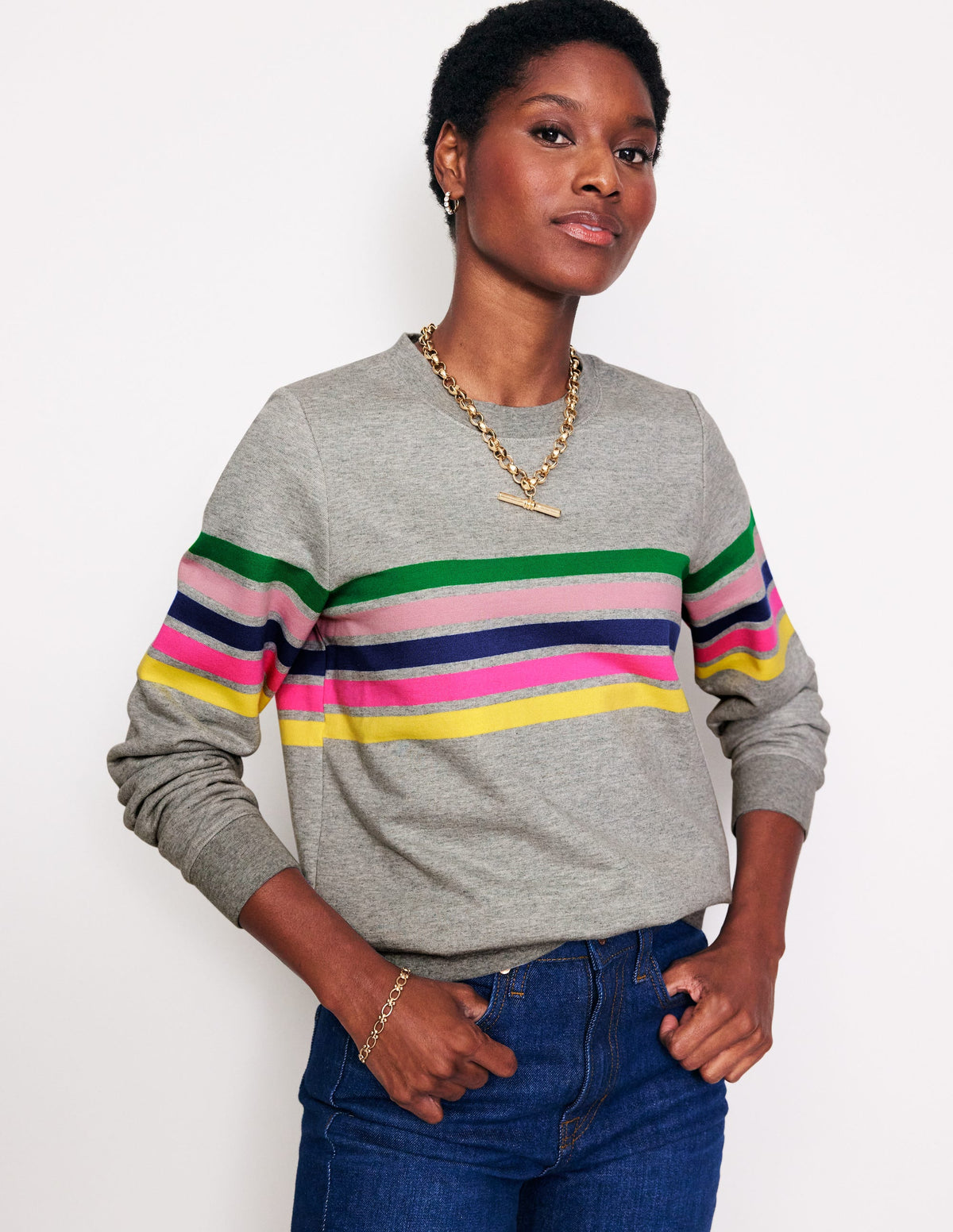 Hannah Printed Sweatshirt-Grey, Multi Placement Stripe - Image 1