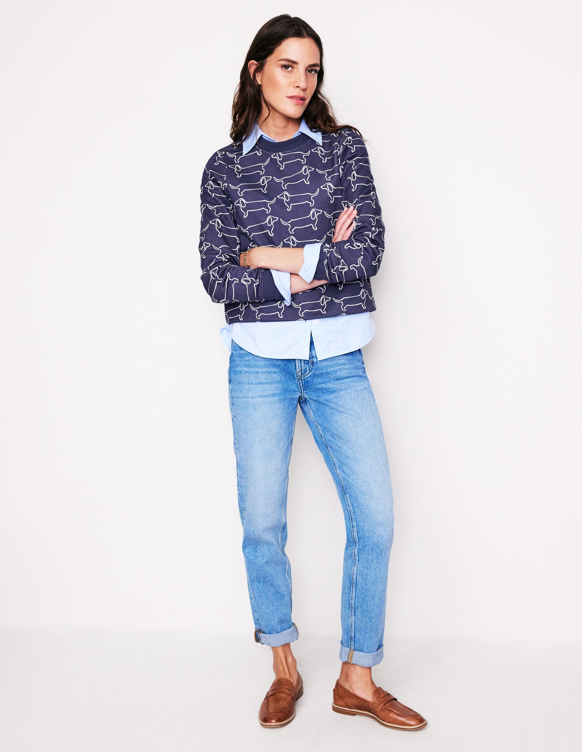 Hannah Printed Sweatshirt-Navy, Dachshund - Image 4
