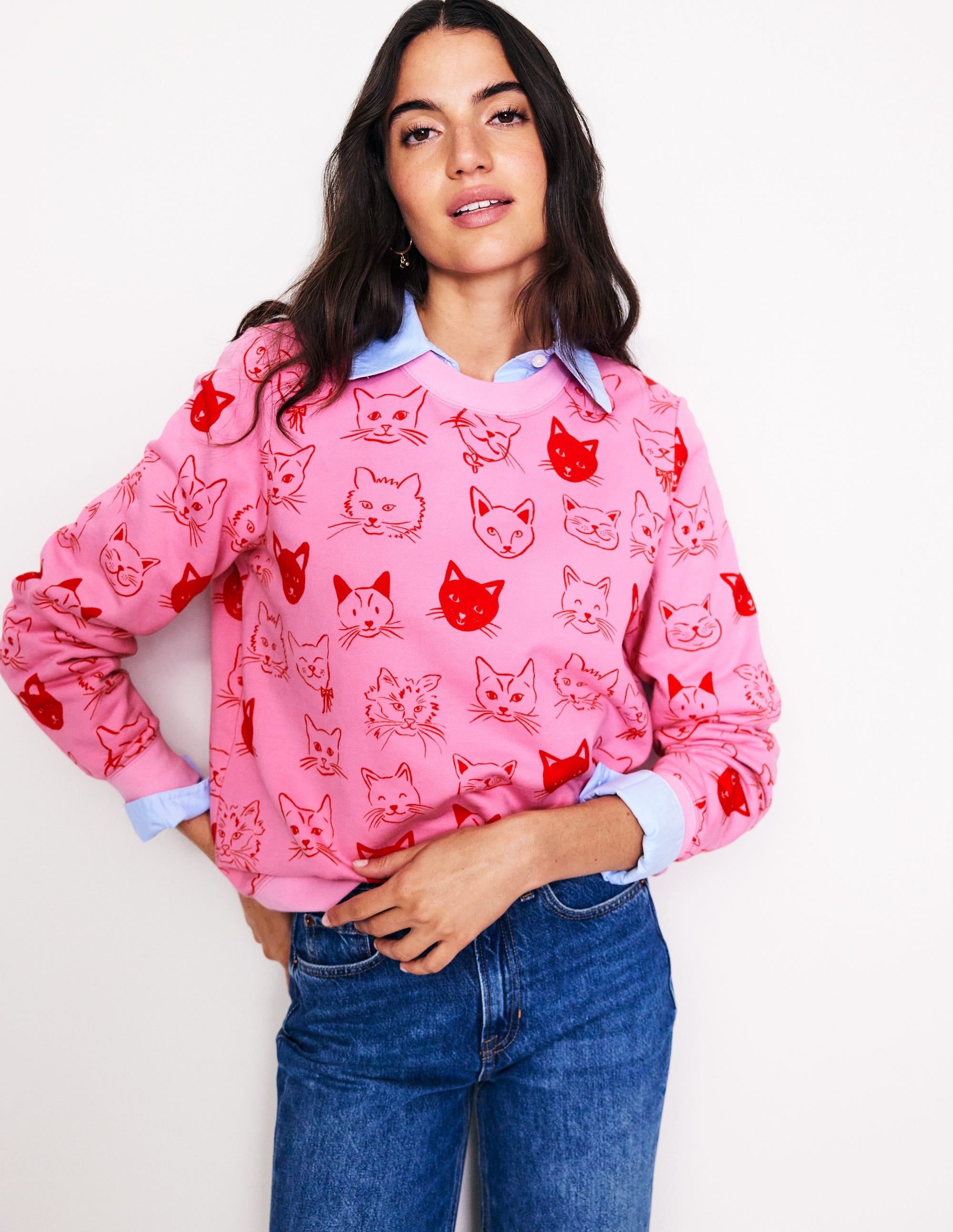 Hannah Printed Sweatshirt-Strawberry Sherbert, Cats - Image 1