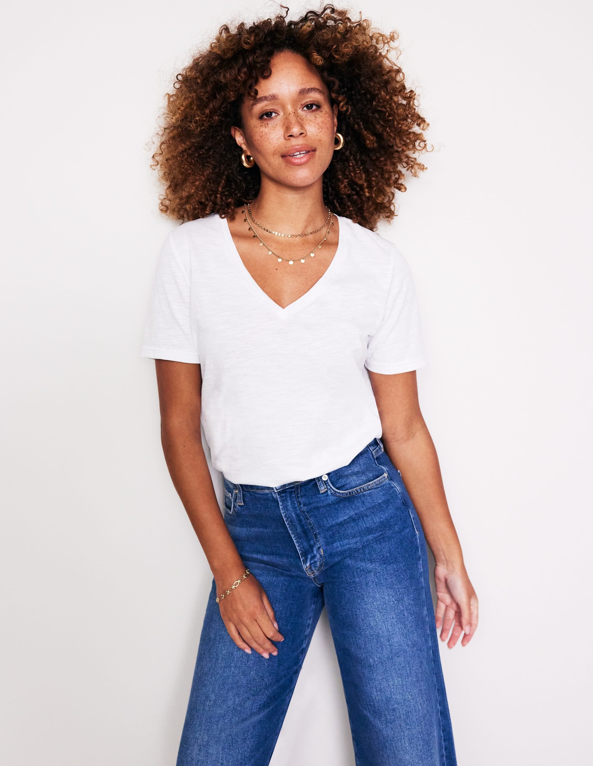 Regular V-Neck Slub T-shirt-White - Image 1