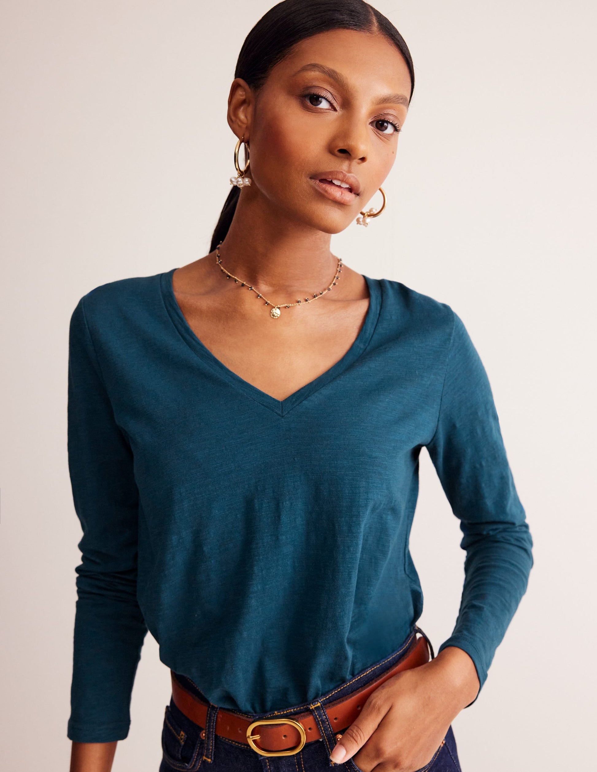 Cotton V-Neck Long Sleeve Top-Harbour Blue-1