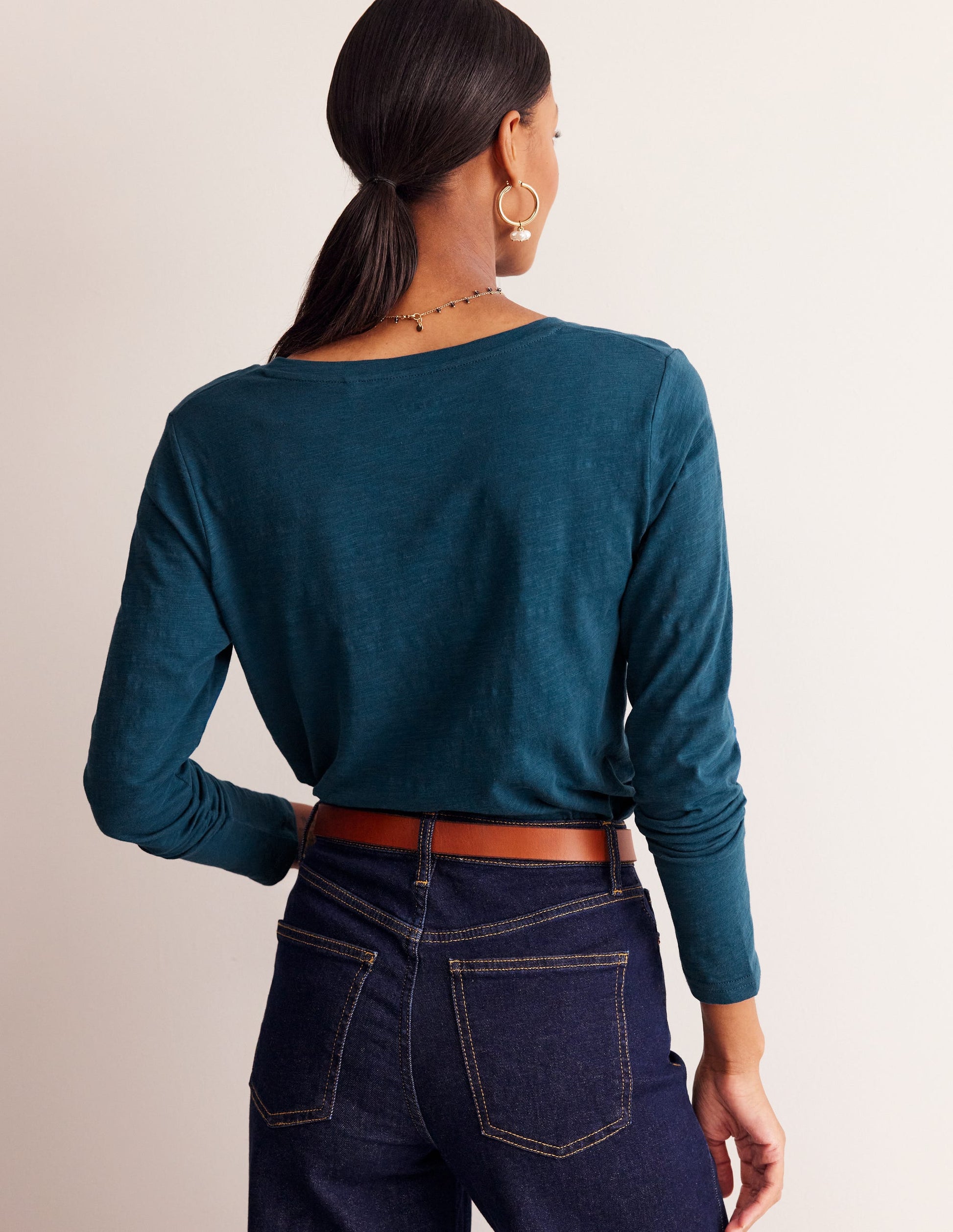 Cotton V-Neck Long Sleeve Top-Harbour Blue-3