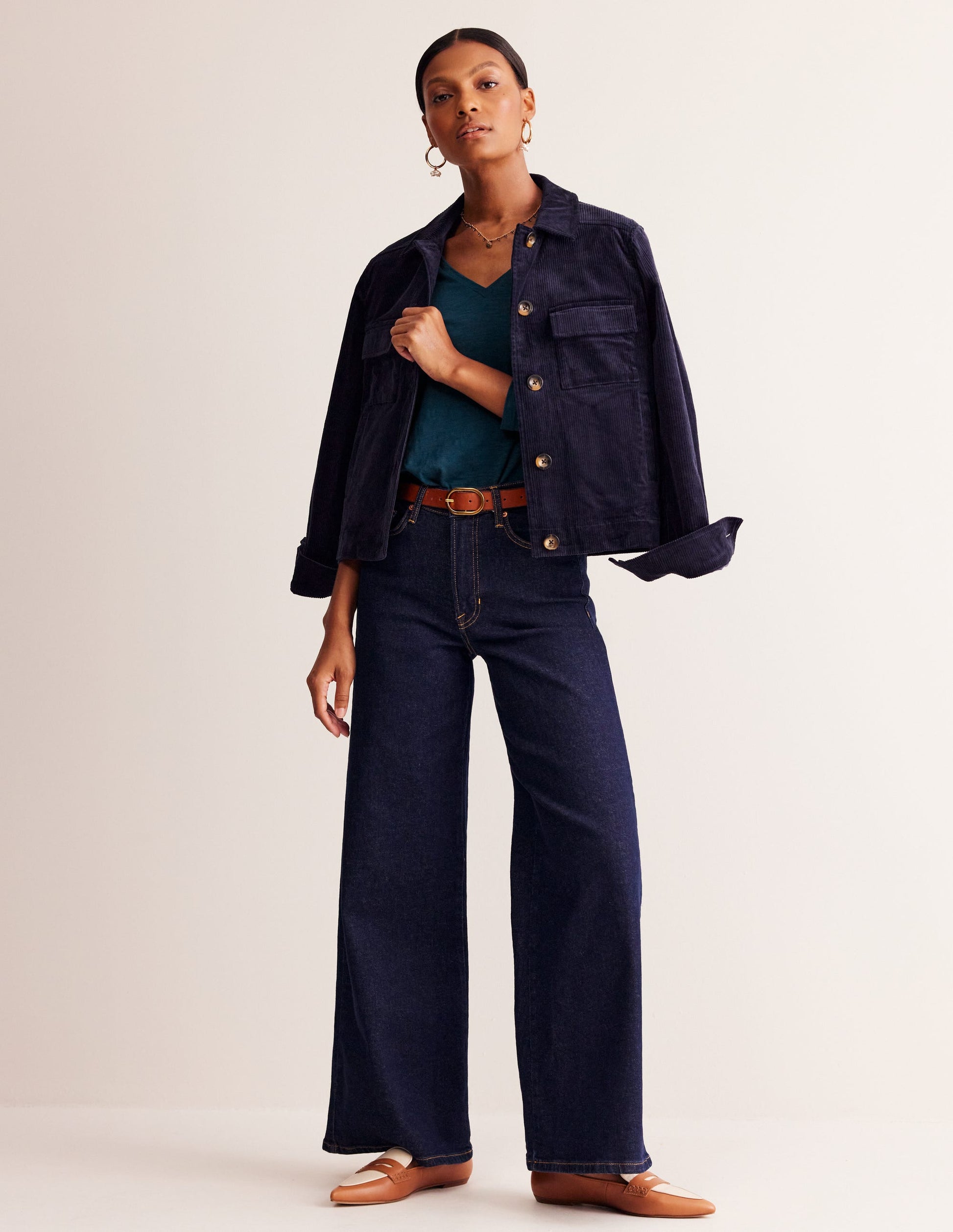 Cotton V-Neck Long Sleeve Top-Harbour Blue-4