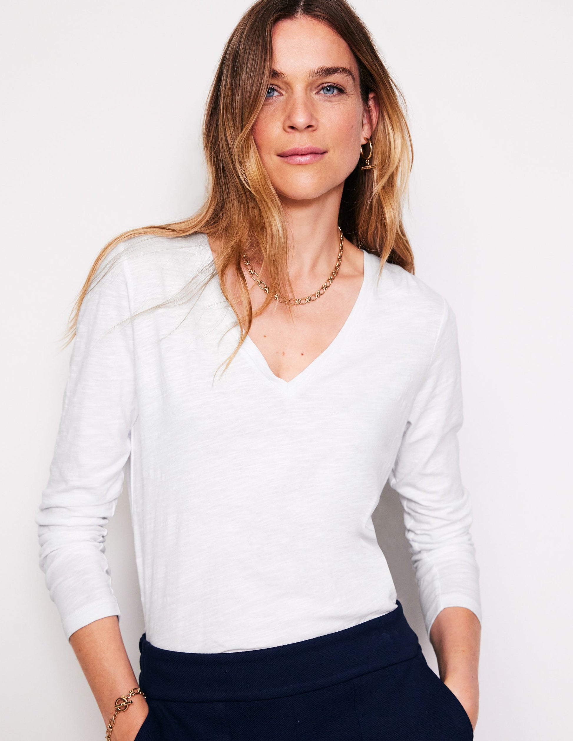 Cotton V-Neck Long Sleeve Top-White-1