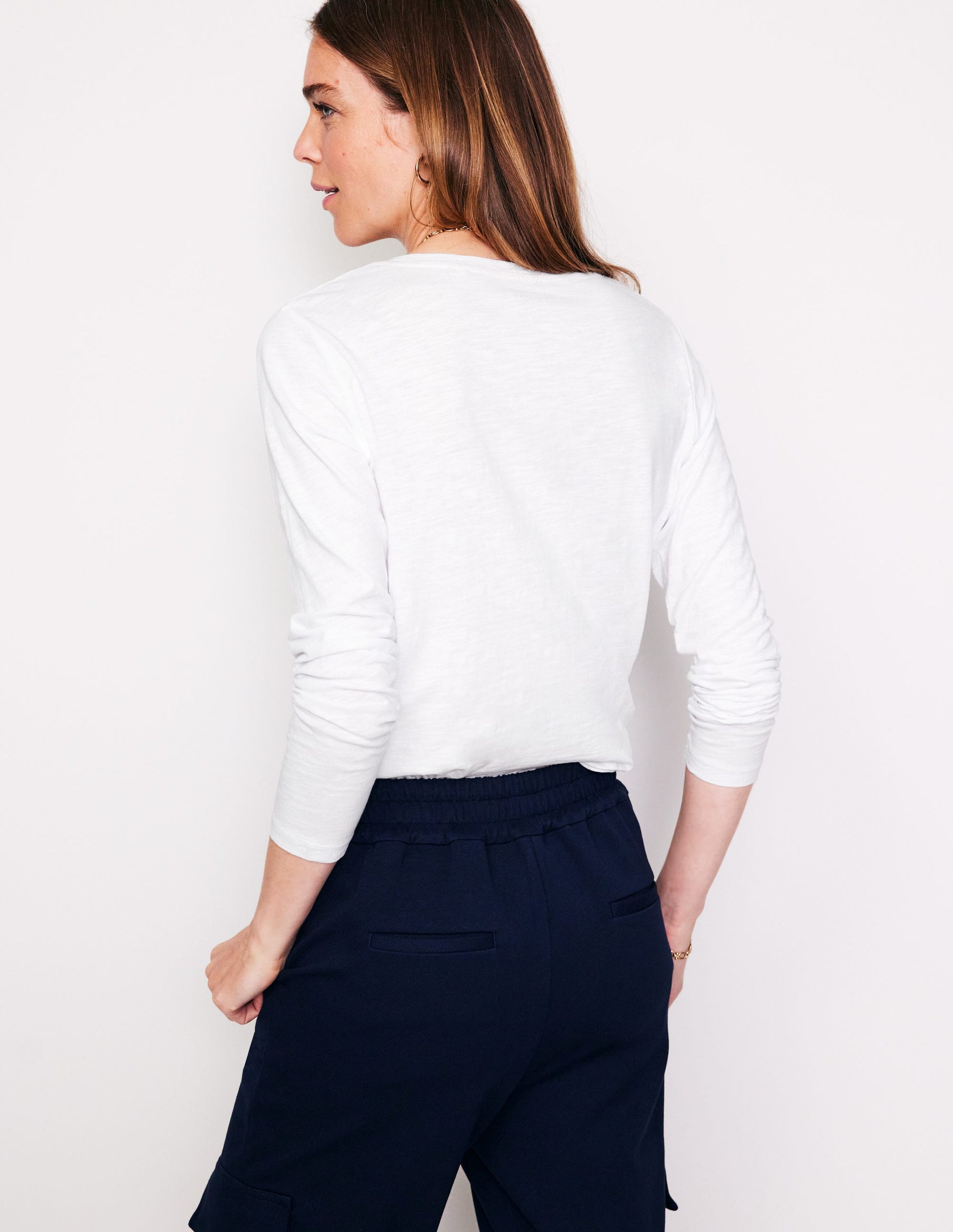 Cotton V-Neck Long Sleeve Top-White-3