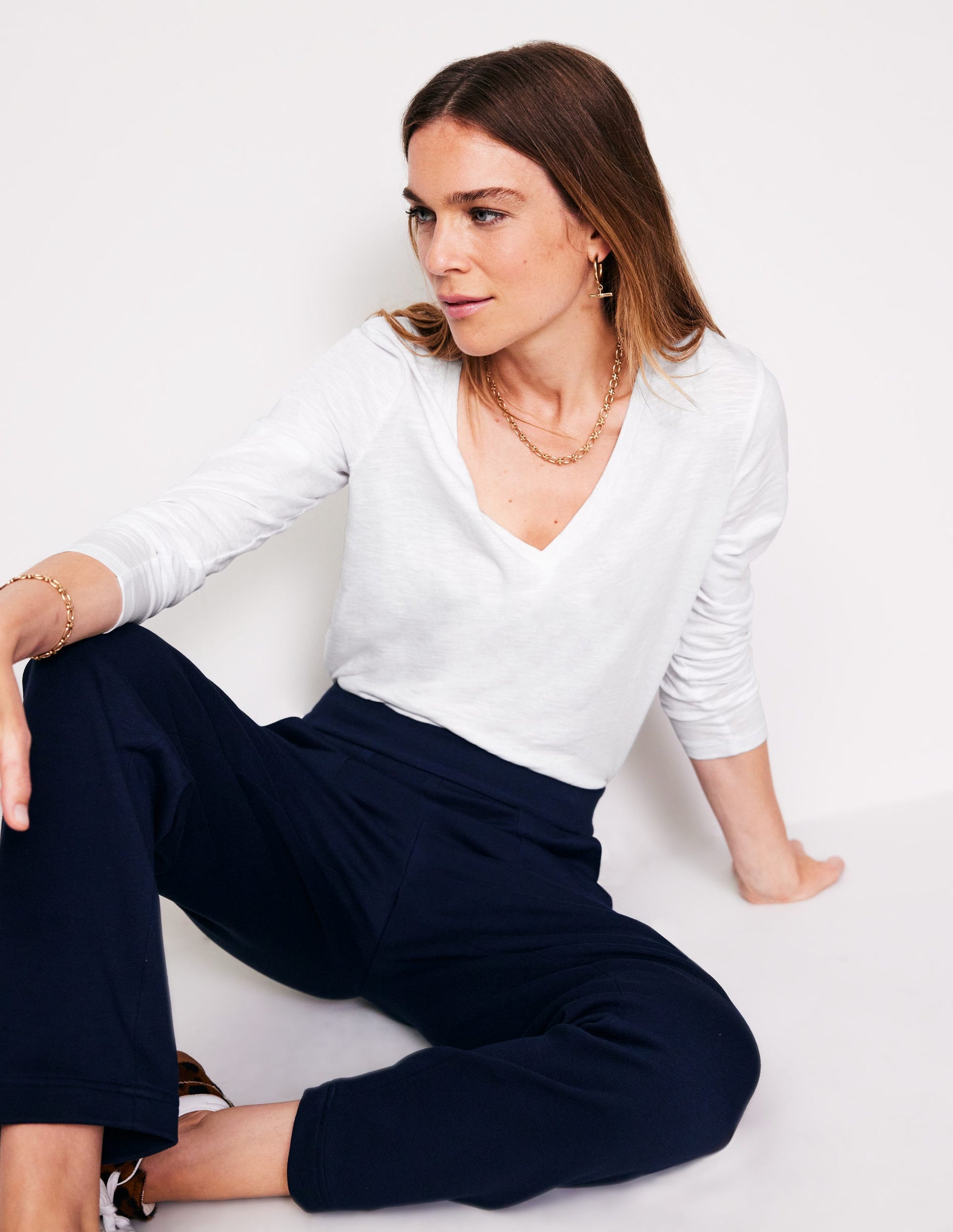 Cotton V-Neck Long Sleeve Top-White-4