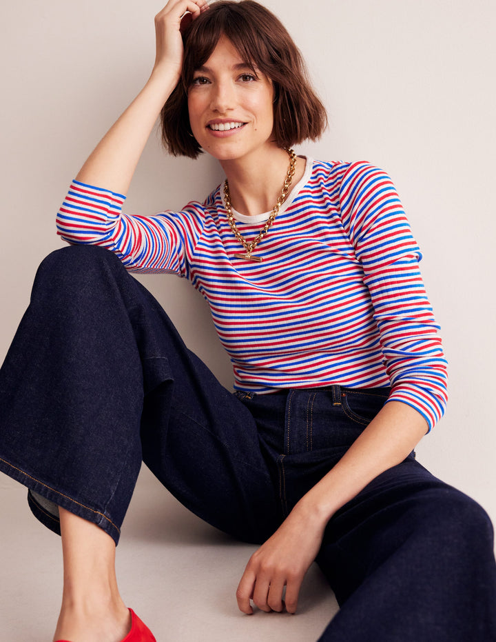 Anna Rib Long Sleeve T-Shirt-Red and Directoire Blue
