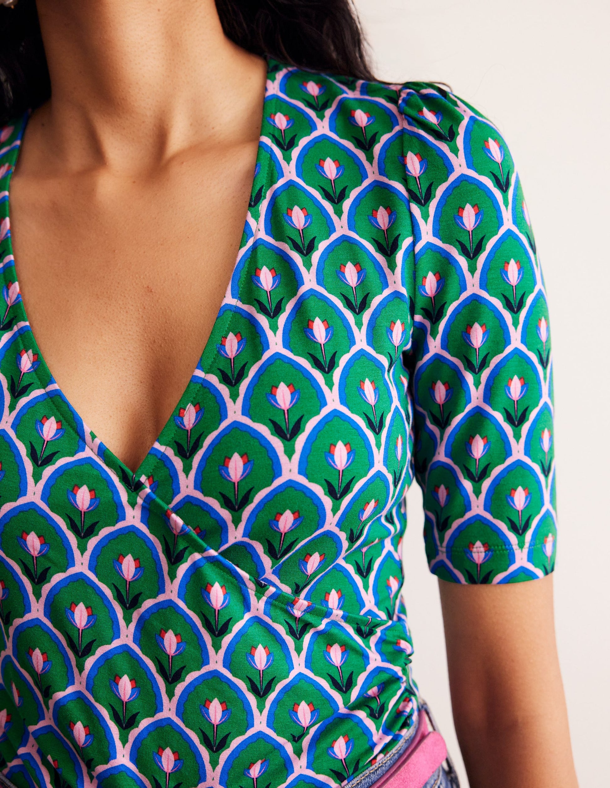 Wrap Front Jersey Top-Rich Emerald, Tulip-2