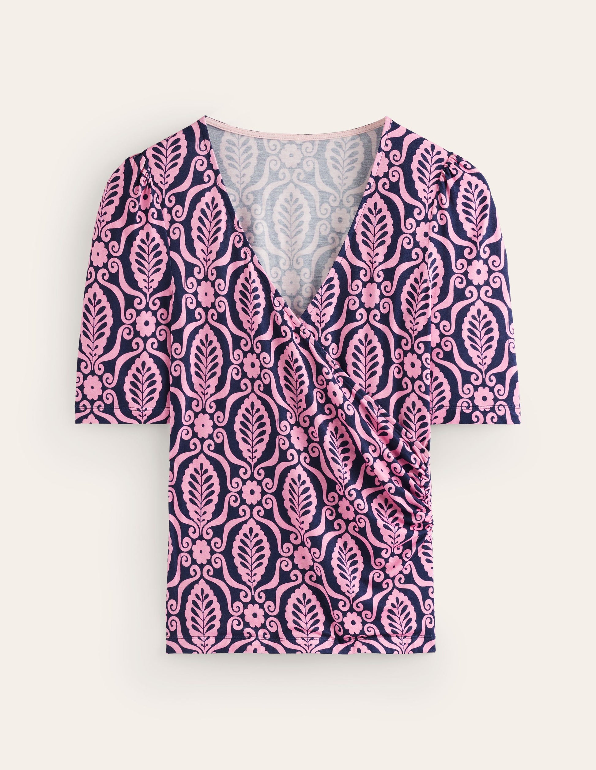 Wrap Front Jersey Top-Old Rose, Foliage Stamp-5